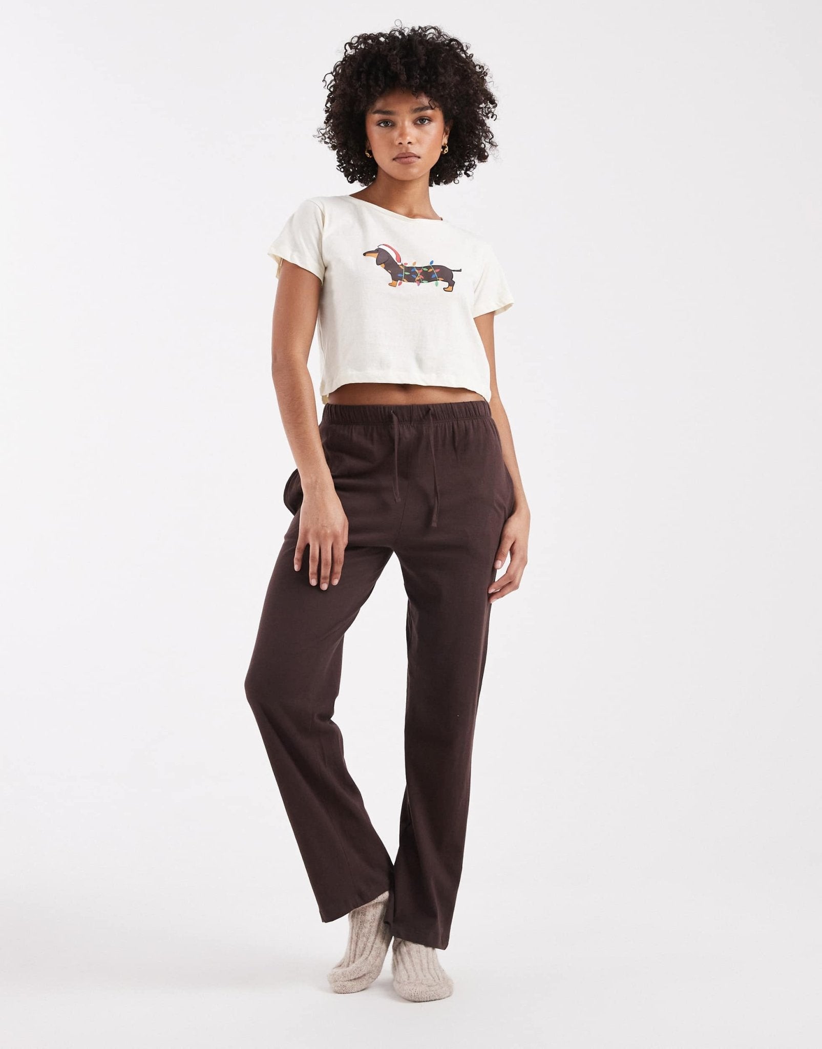 Brave Soul Christmas sausage dog t-shirt and trouser pyjama set in ecru and brown - ASOS Sample Sale EU Store