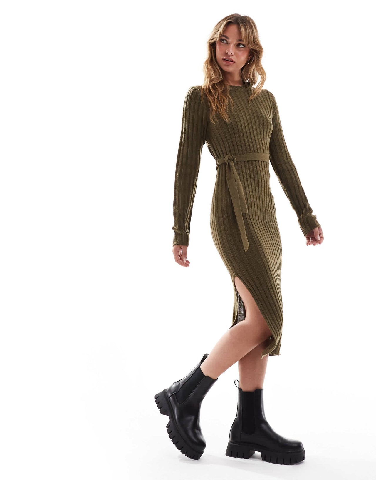 Brave Soul knitted midi dress with slit in khaki - ASOS Sample Sale EU Store