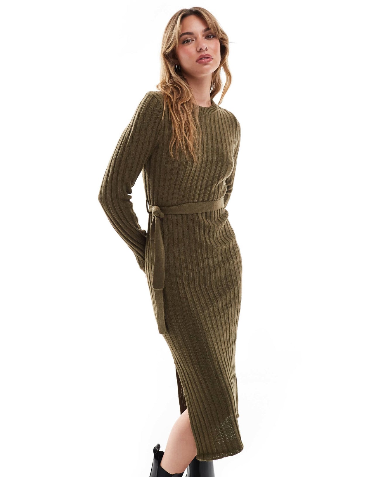 Brave Soul knitted midi dress with slit in khaki - ASOS Sample Sale EU Store