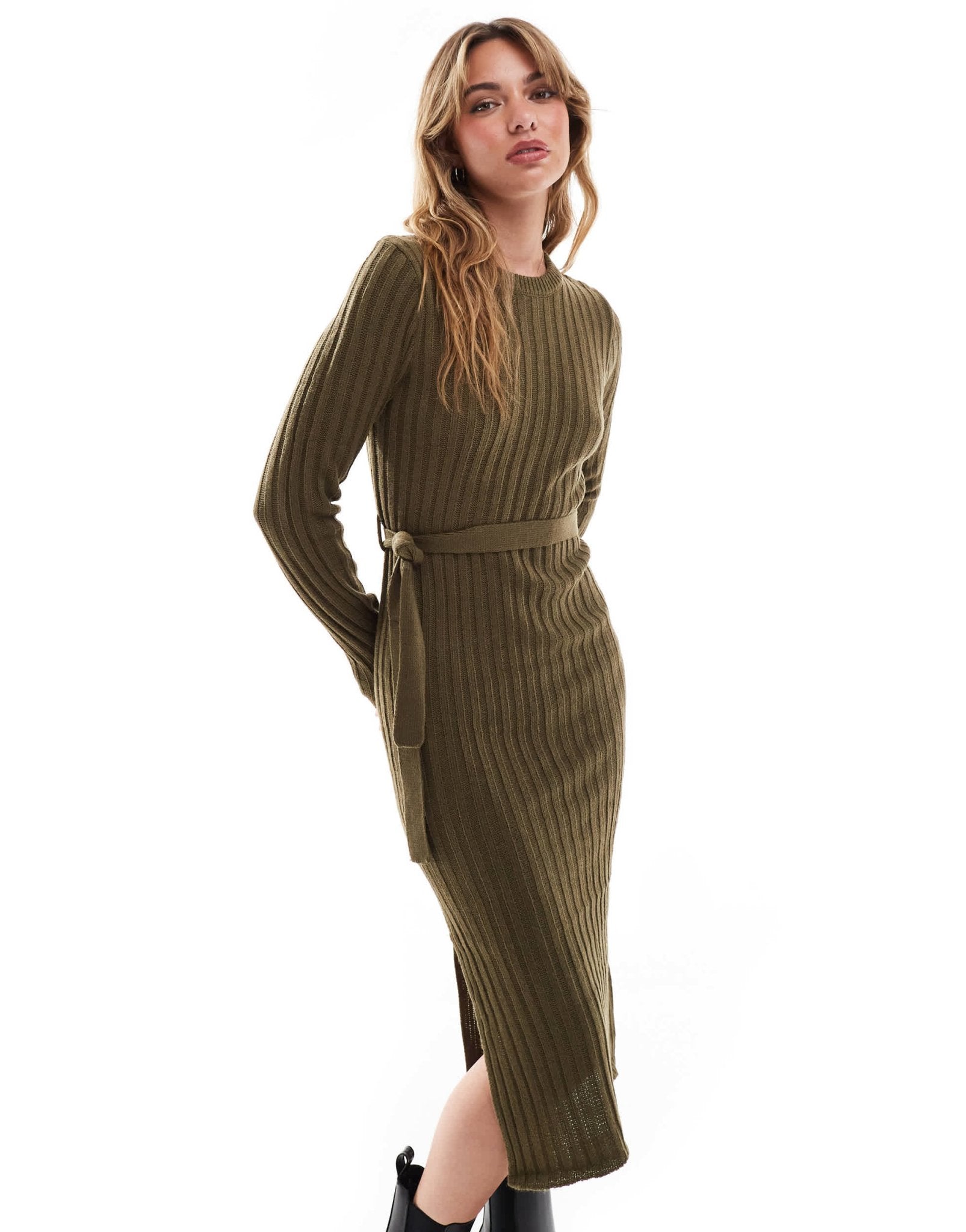 Brave Soul knitted midi dress with slit in khaki - ASOS Sample Sale EU Store