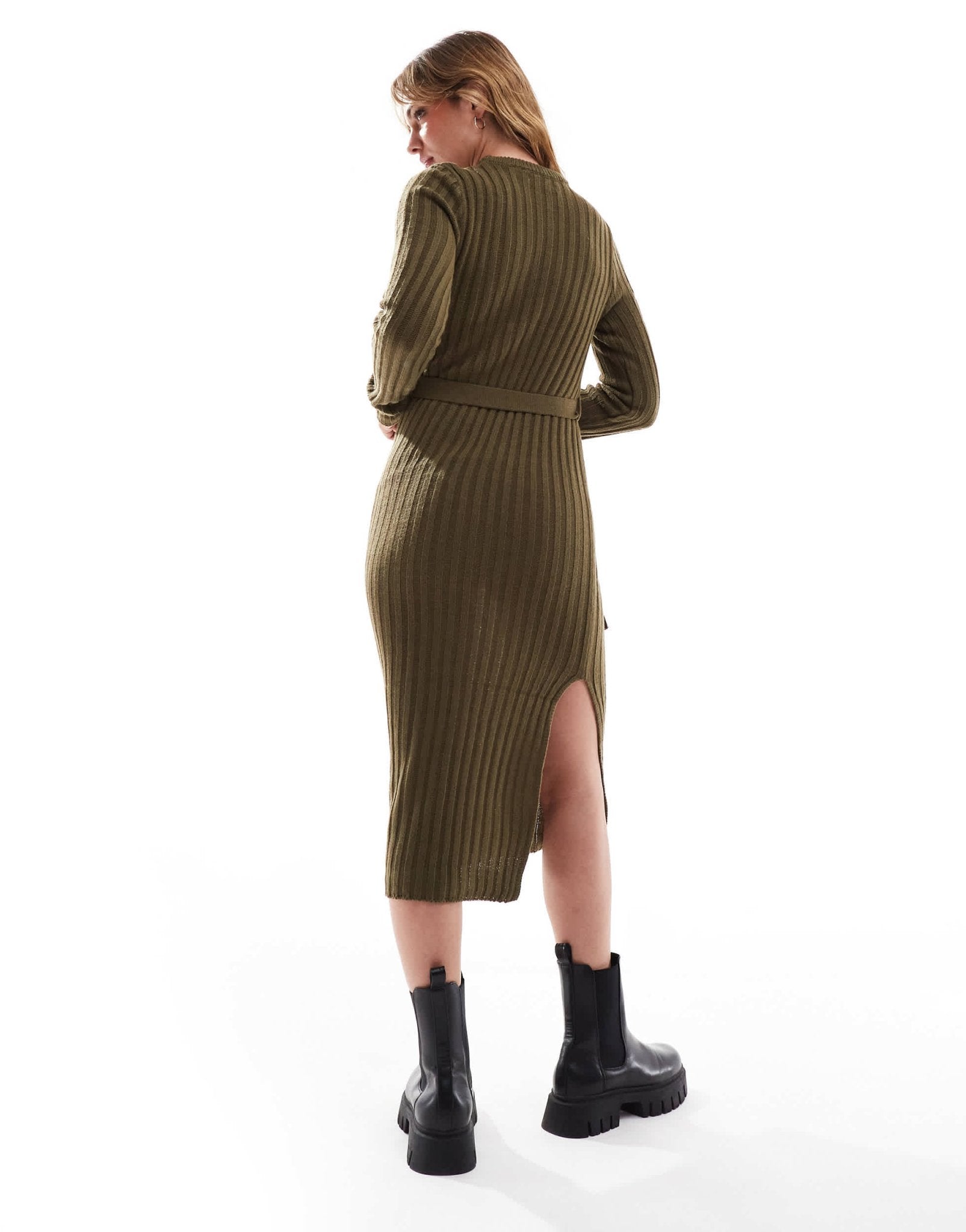Brave Soul knitted midi dress with slit in khaki - ASOS Sample Sale EU Store