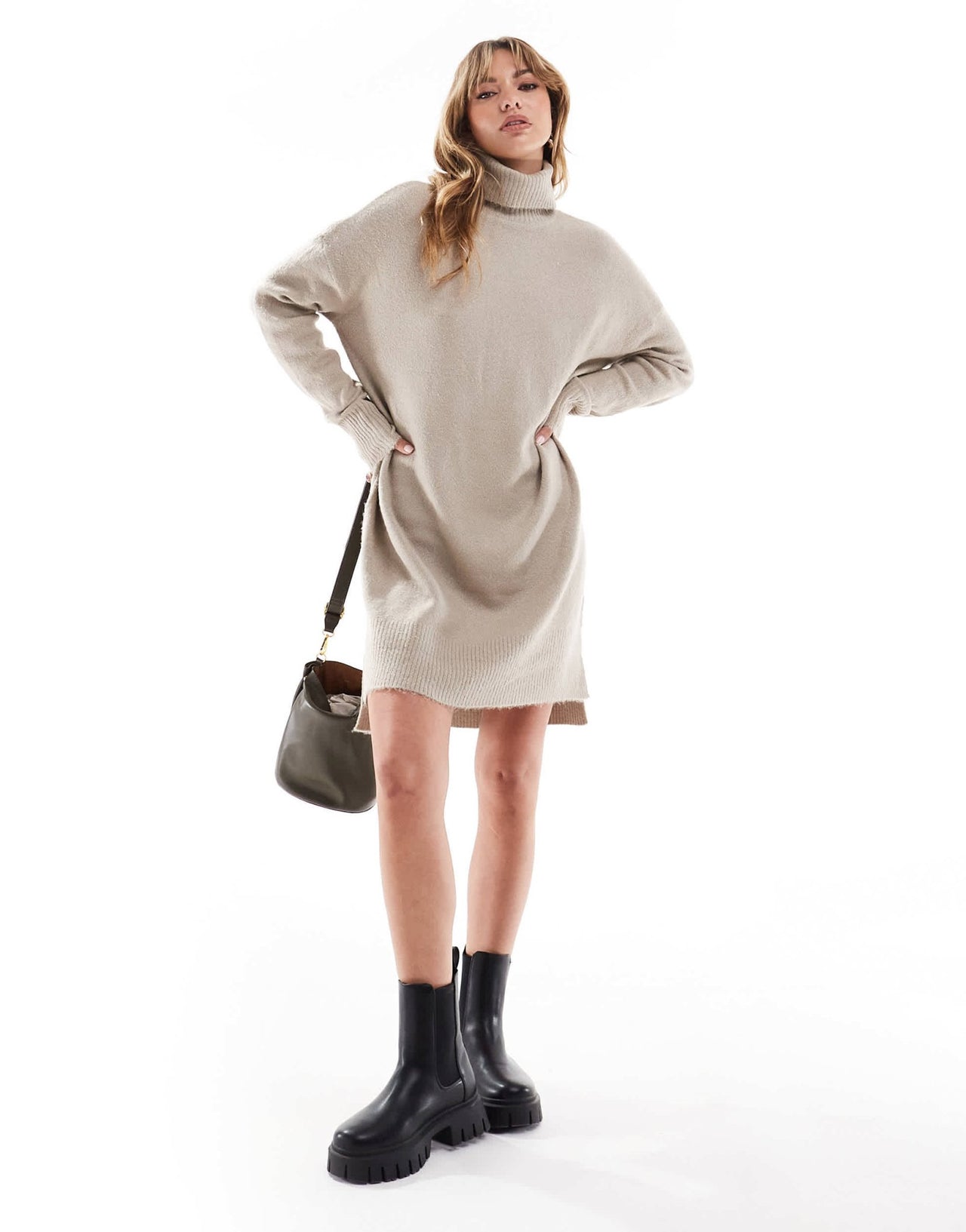 Brave Soul knitted roll neck mini jumper dress in beige - ASOS Sample Sale EU Store