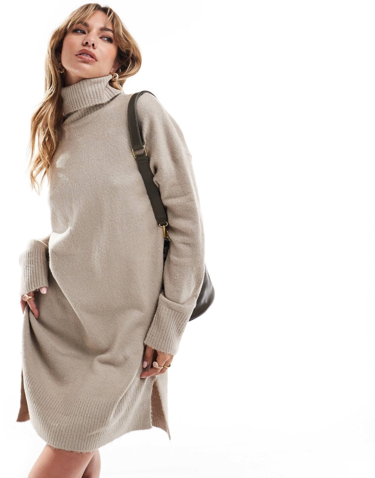 Brave Soul knitted roll neck mini jumper dress in beige - ASOS Sample Sale EU Store