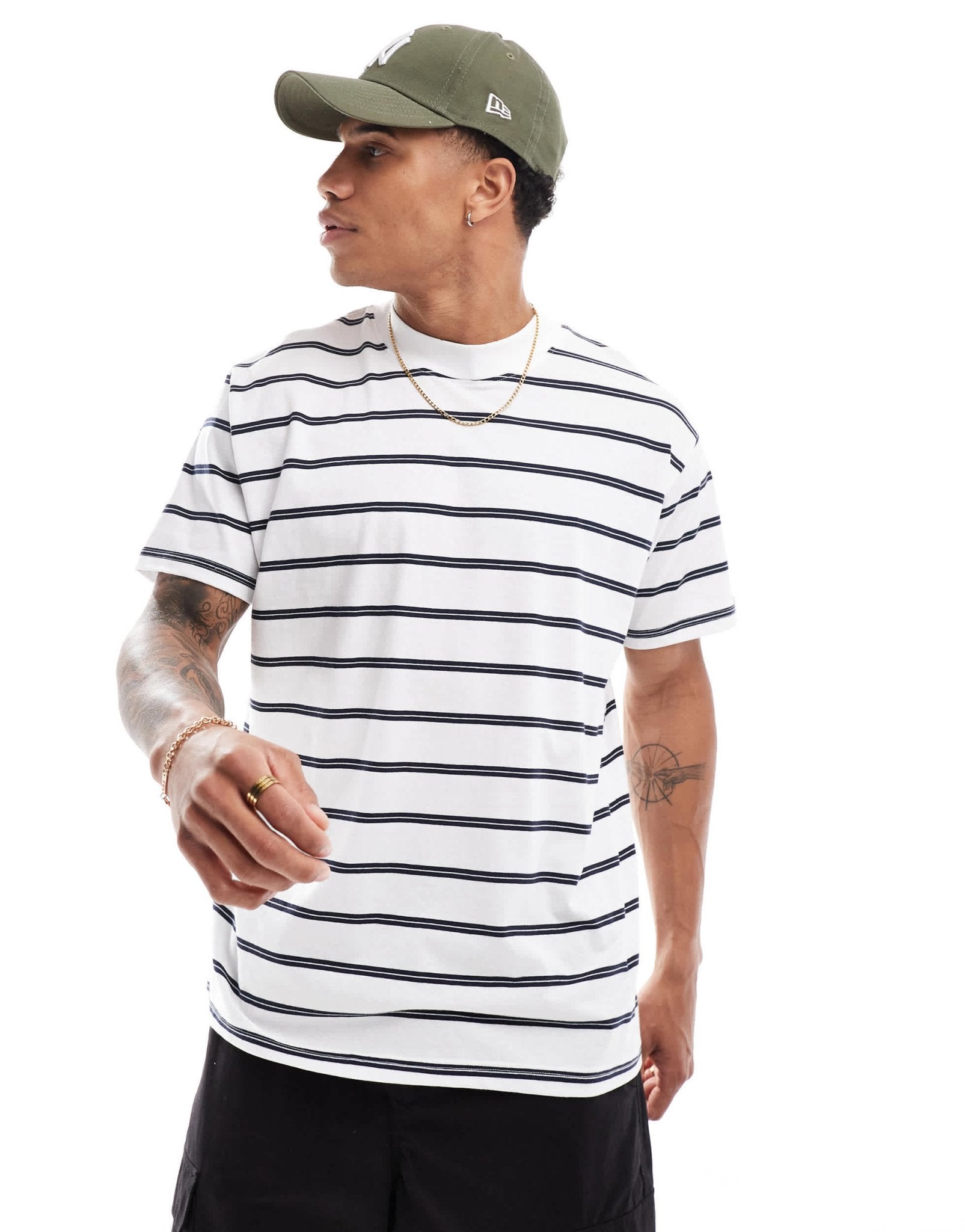Brave Soul oversized high neck stripe t-shirt in white & navy - ASOS Sample Sale EU Store