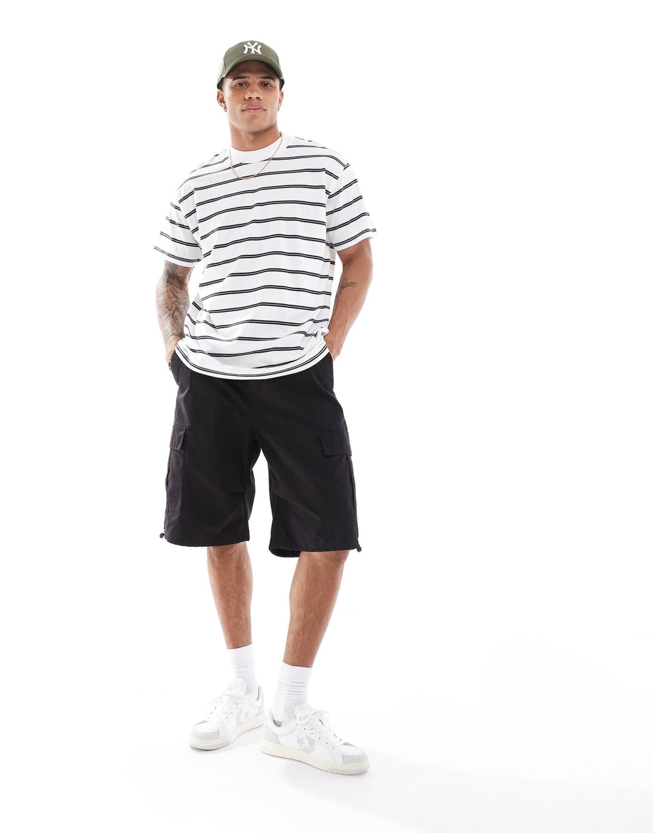Brave Soul oversized high neck stripe t-shirt in white & navy - ASOS Sample Sale EU Store
