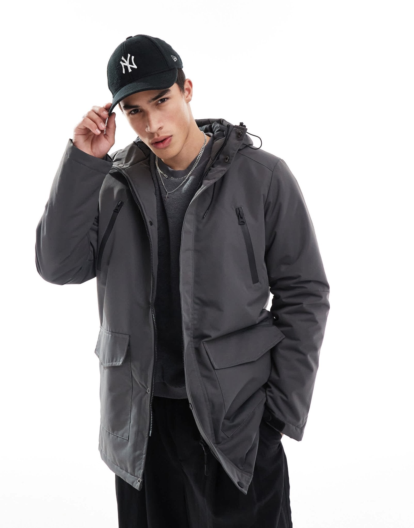 Brave Soul parka jacket with hood and concealed zip in grey - ASOS Sample Sale EU Store