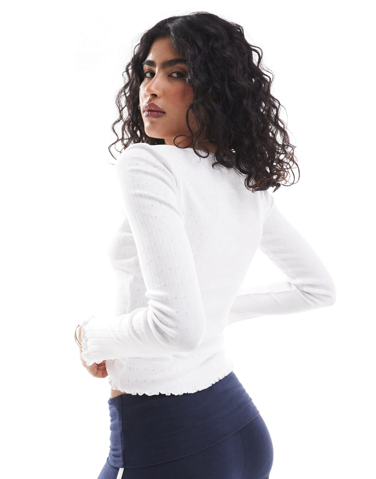 Brave Soul pointelle long sleeve top with bow detail in cream - ASOS Sample Sale EU Store