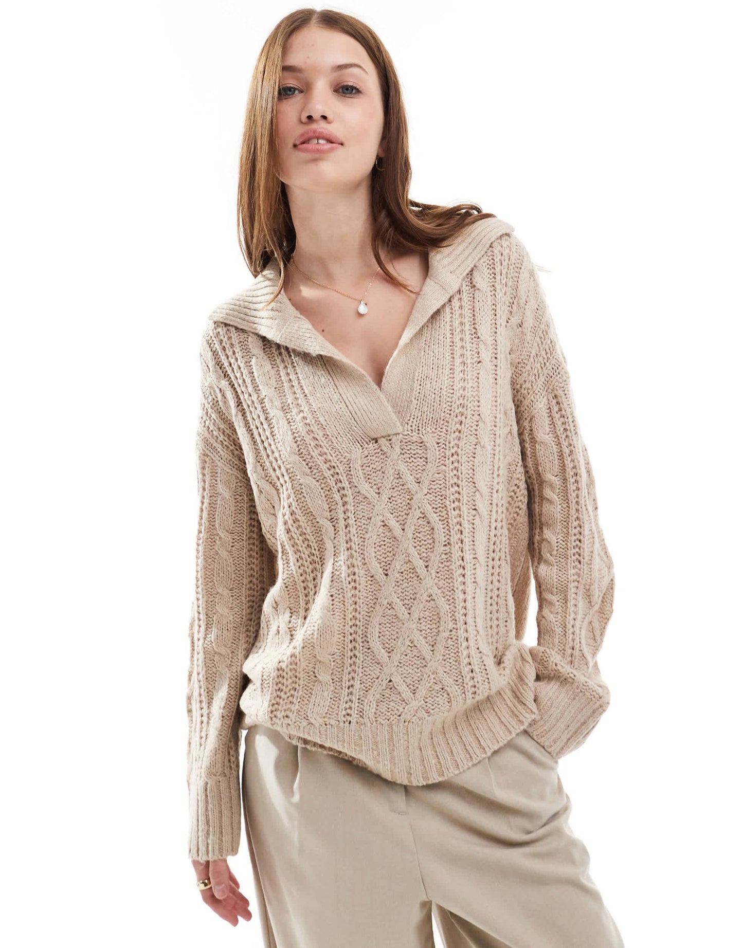 Brave Soul polo collar cable knit jumper in beige - ASOS Sample Sale EU Store