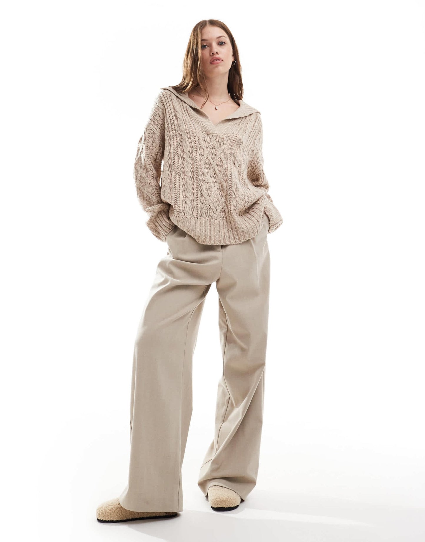 Brave Soul polo collar cable knit jumper in beige - ASOS Sample Sale EU Store