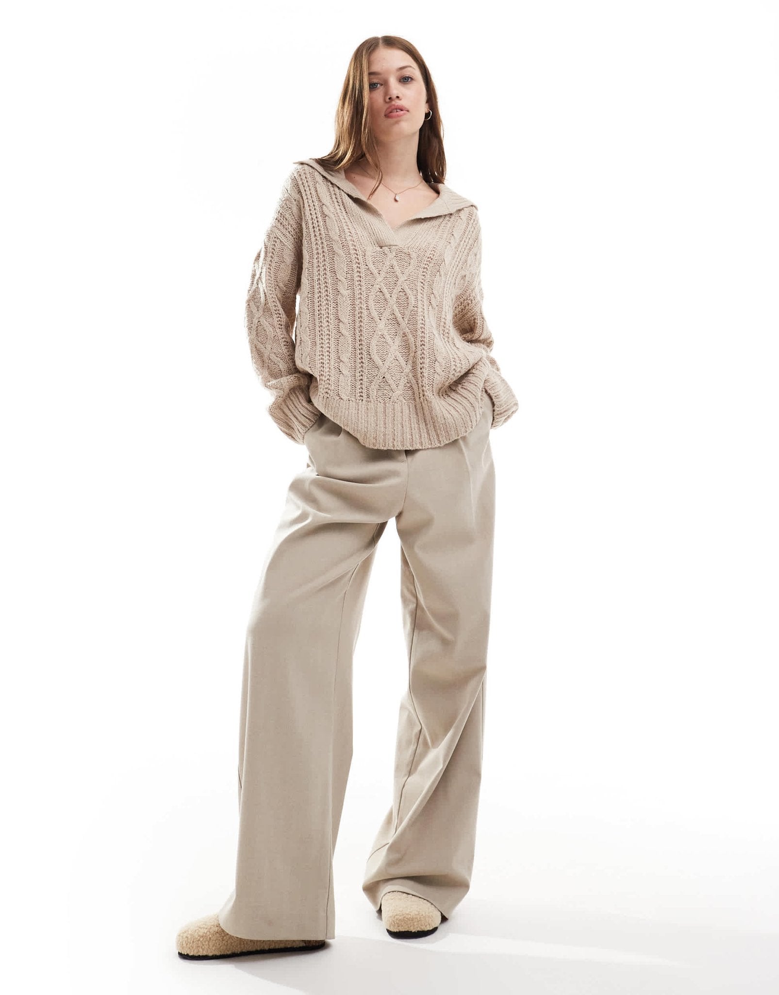 Brave Soul polo collar cable knit jumper in beige - ASOS Sample Sale EU Store