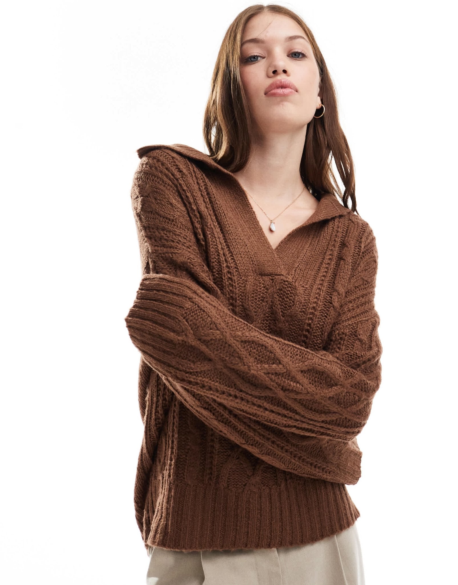 Brave Soul polo collar cable knit jumper in light brown - ASOS Sample Sale EU Store