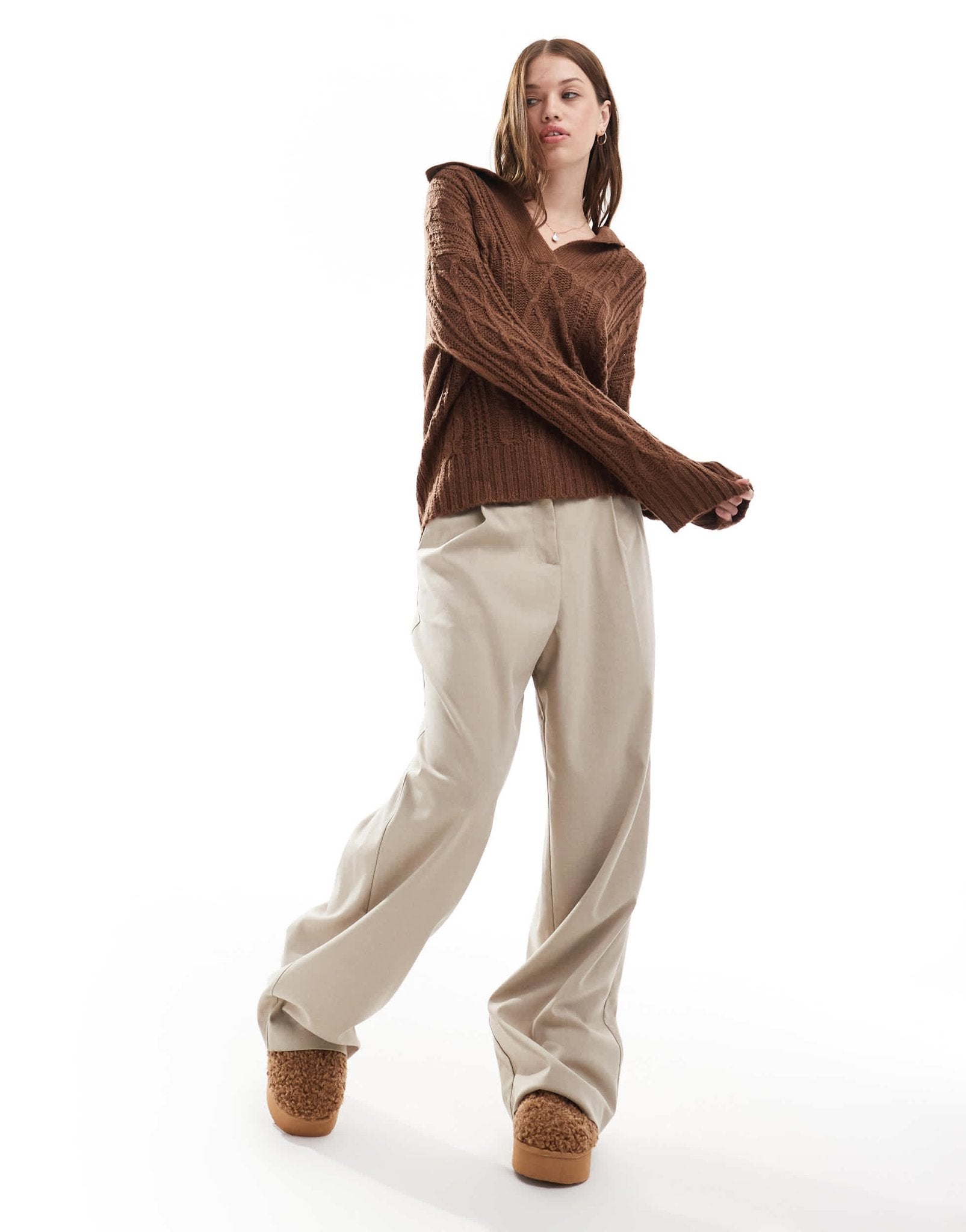 Brave Soul polo collar cable knit jumper in light brown - ASOS Sample Sale EU Store