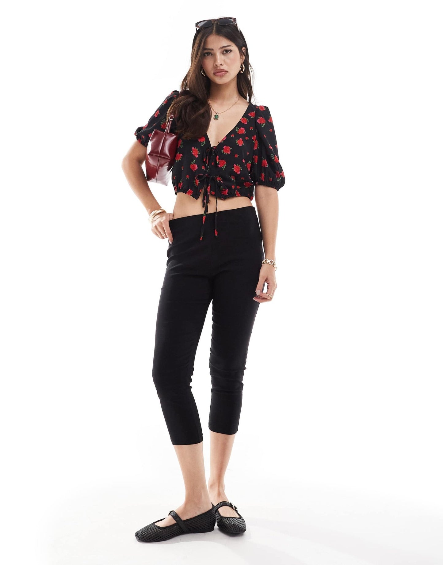 Brave Soul puff sleeve floral printed crop top with tie front detail in black - ASOS Sample Sale EU Store