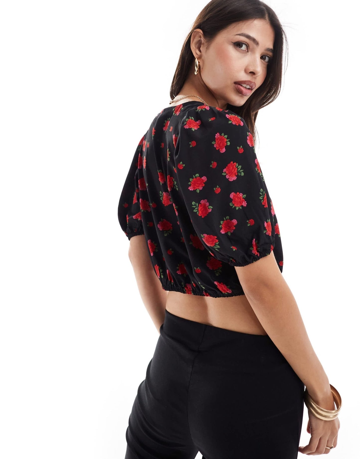 Brave Soul puff sleeve floral printed crop top with tie front detail in black - ASOS Sample Sale EU Store