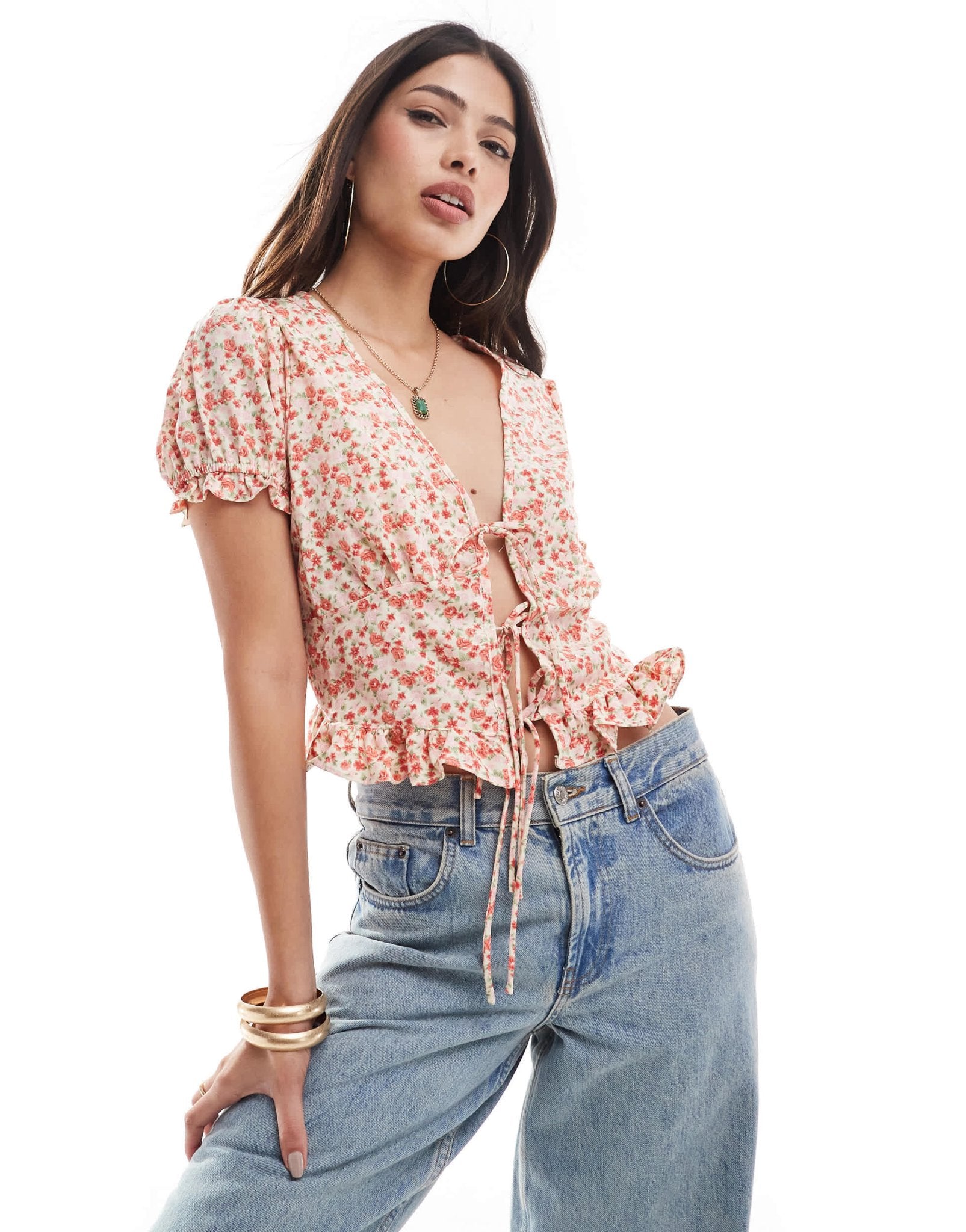 Brave Soul puff sleeve tie front floral top in pink - ASOS Sample Sale EU Store