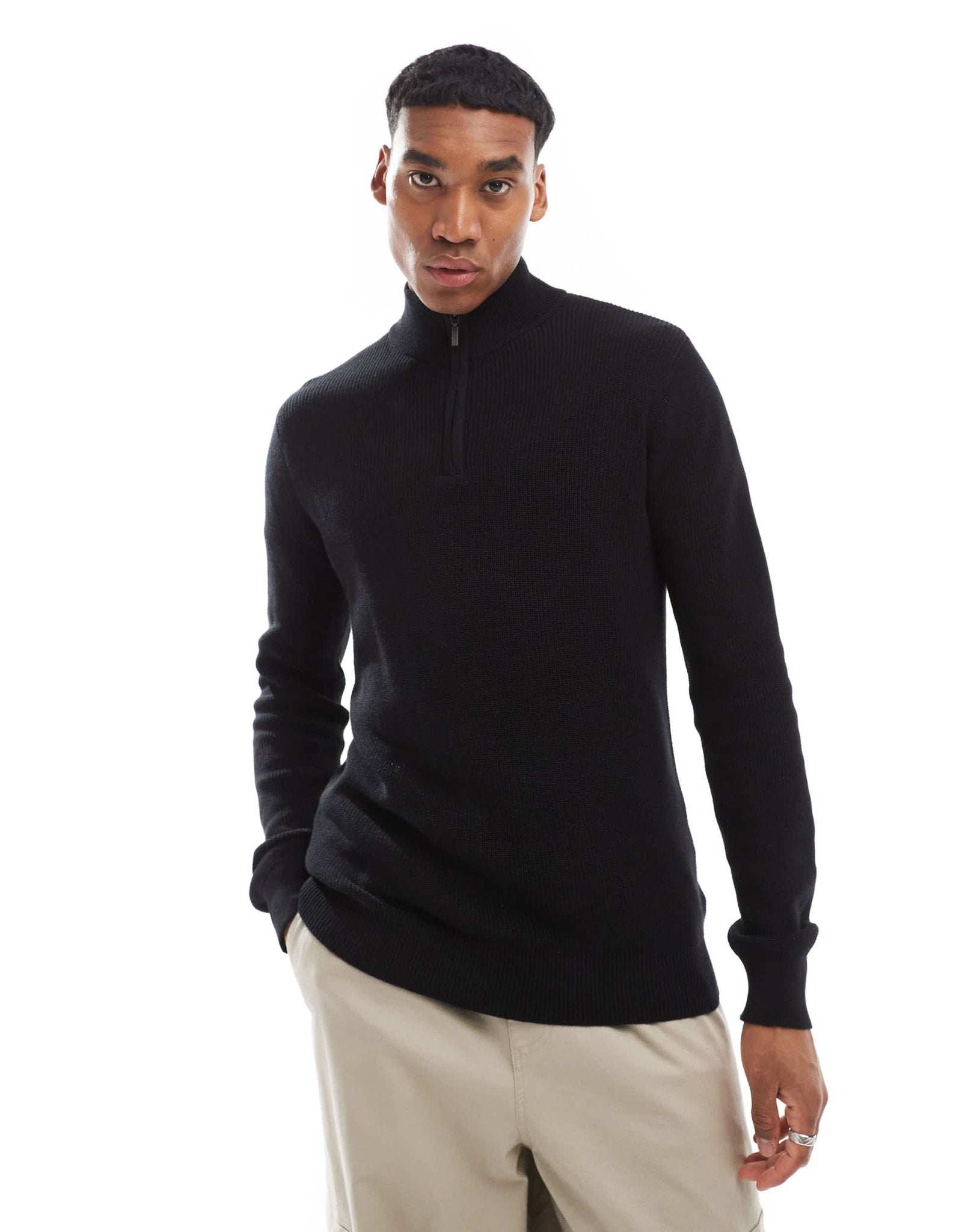 Brave Soul ribbed quarter zip jumper in black - ASOS Sample Sale EU Store