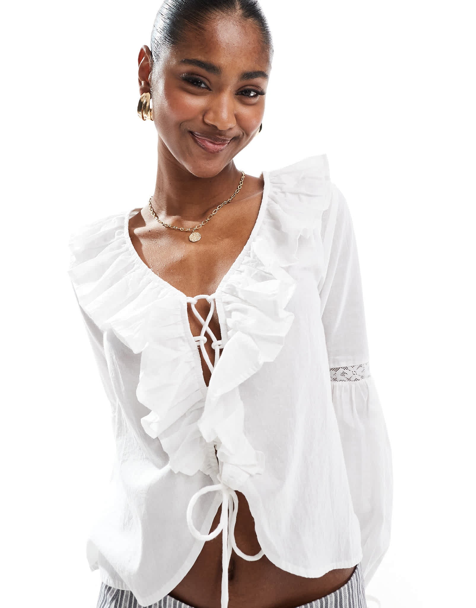 Brave Soul ruffle front long sleeve blouse in white - ASOS Sample Sale EU Store