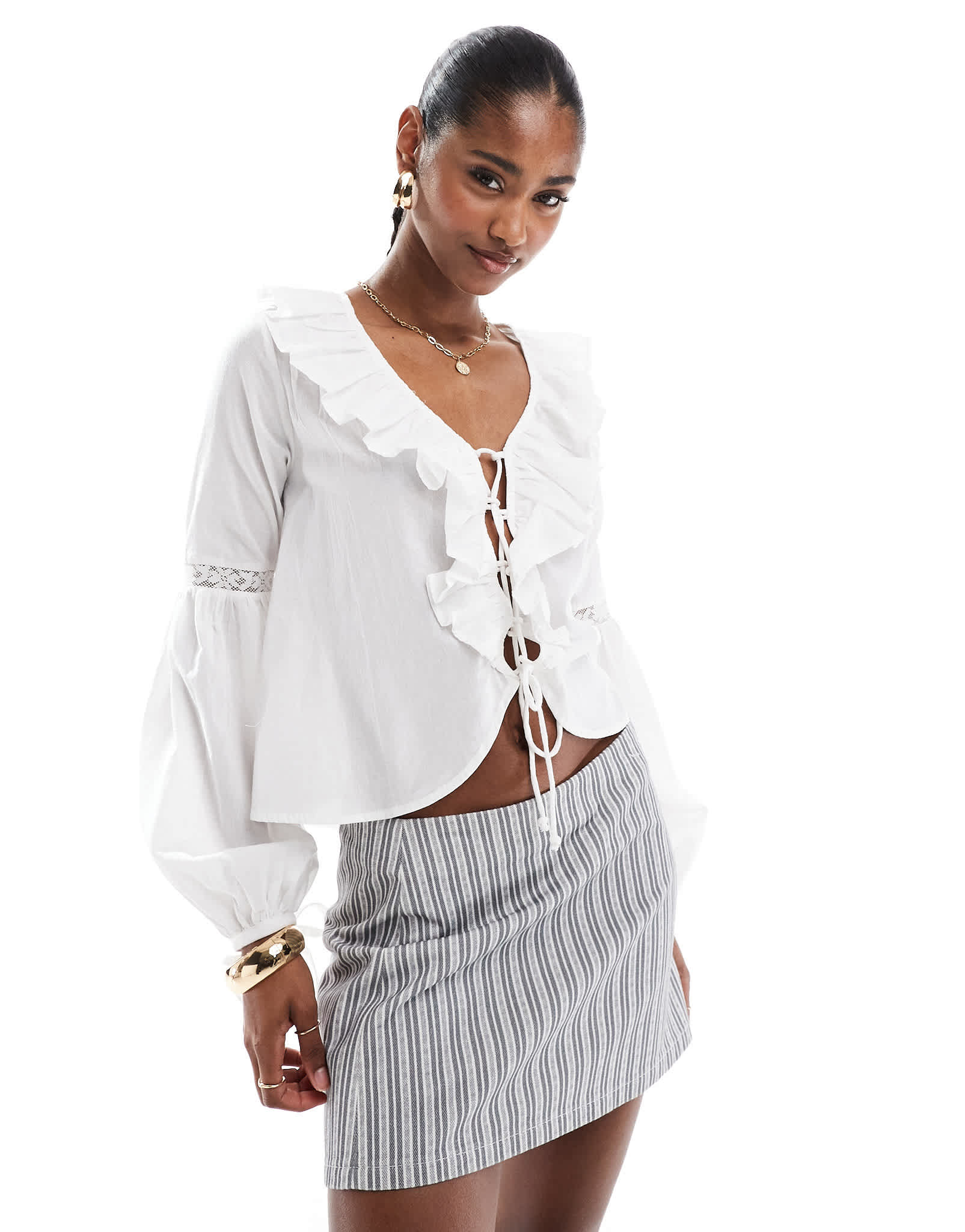 Brave Soul ruffle front long sleeve blouse in white - ASOS Sample Sale EU Store