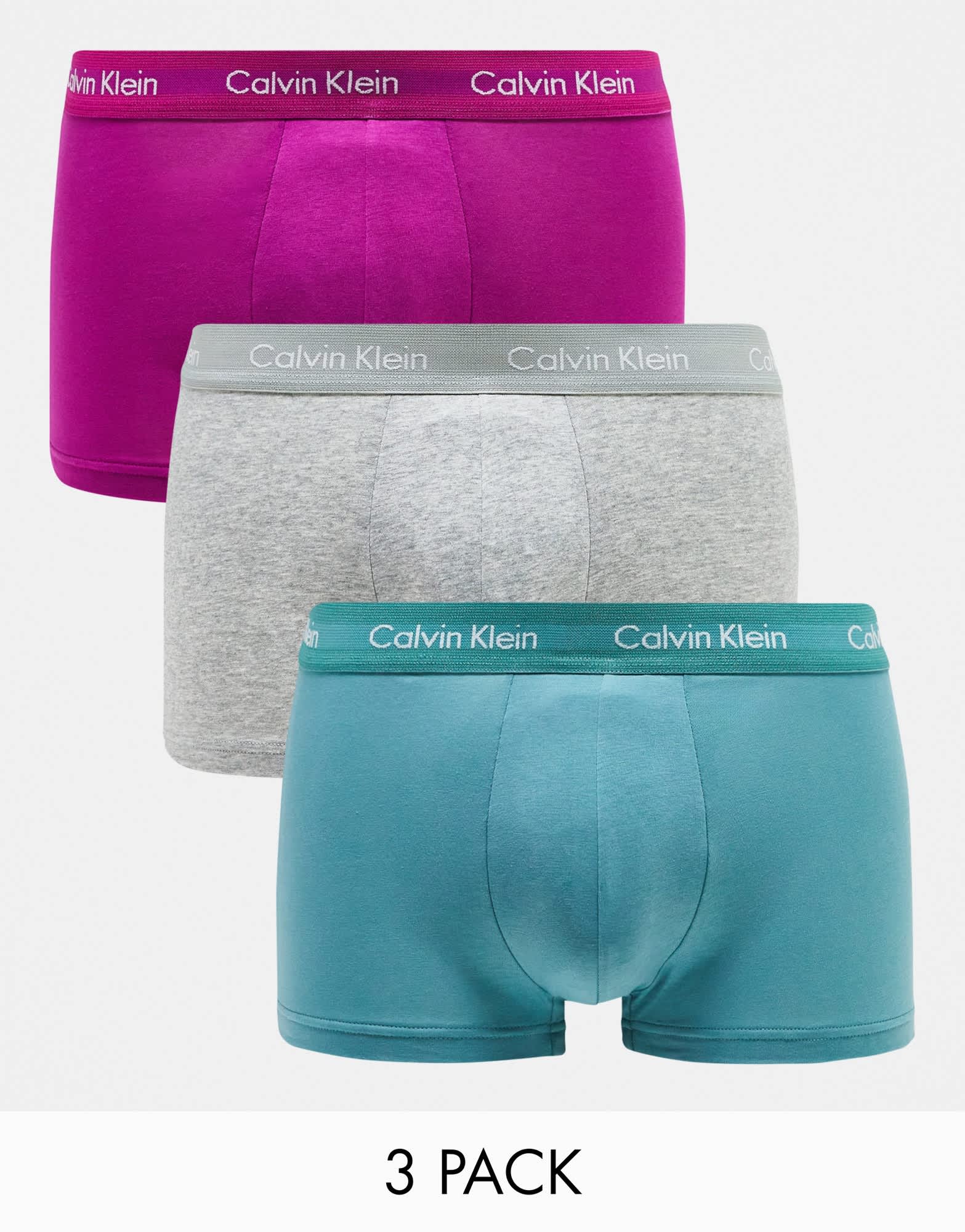 Calvin Klein 3 - pack low rise trunks in purple, grey and green - ASOS Sample Sale EU Store