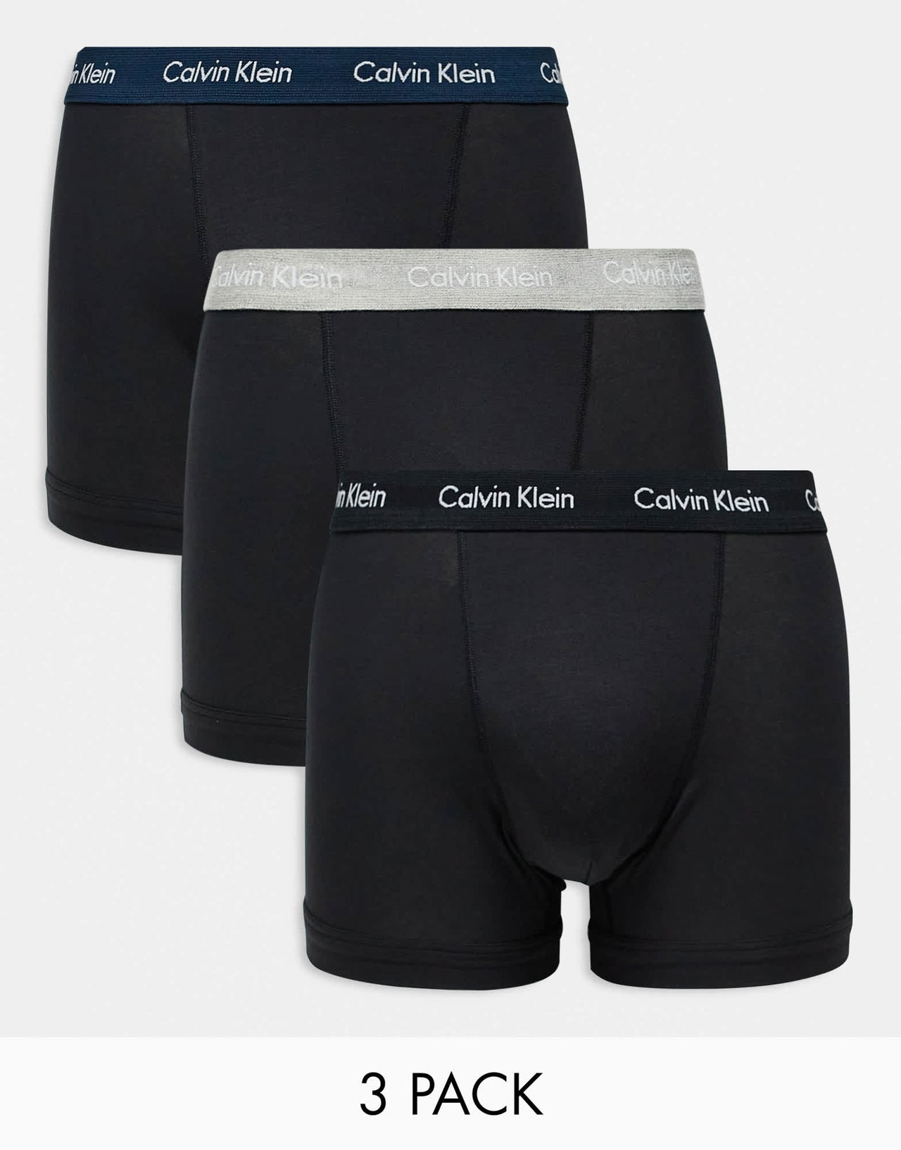 Calvin Klein Cotton Stretch 3 pack boxer briefs in black with navy/grey/black waistbands - ASOS Sample Sale EU Store