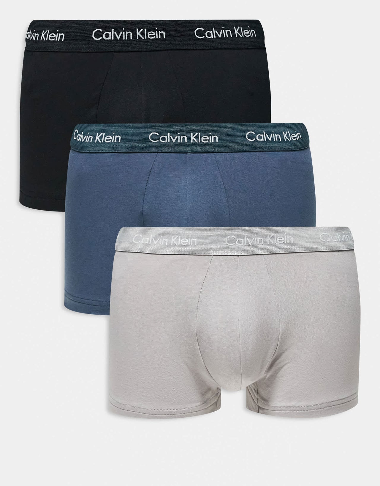 Calvin Klein Cotton Stretch 3 pack low rise trunk in black/grey/blue - ASOS Sample Sale EU Store