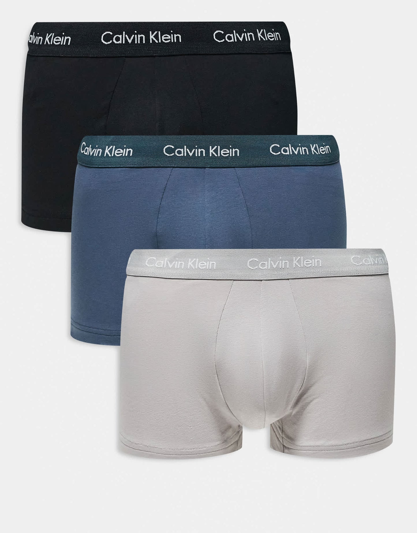 Calvin Klein Cotton Stretch 3 pack low rise trunk in black/grey/blue - ASOS Sample Sale EU Store