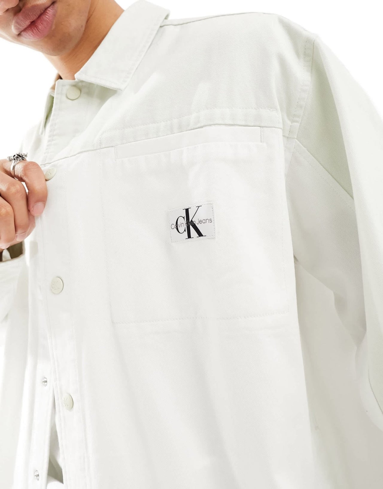 Calvin Klein Jeans badge blocking overshirt in white wash - ASOS Sample Sale EU Store