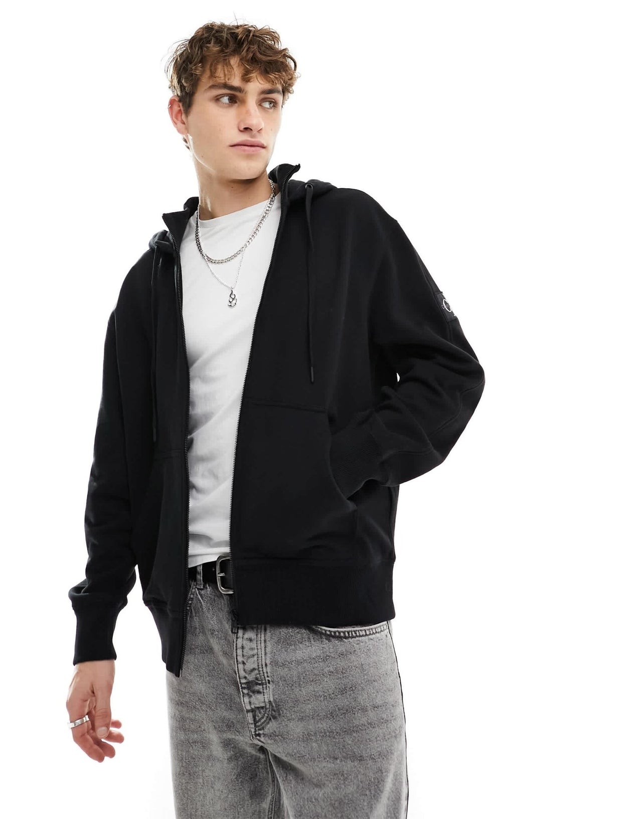 Calvin Klein Jeans badge logo zip through hoodie in black - ASOS Sample Sale EU Store