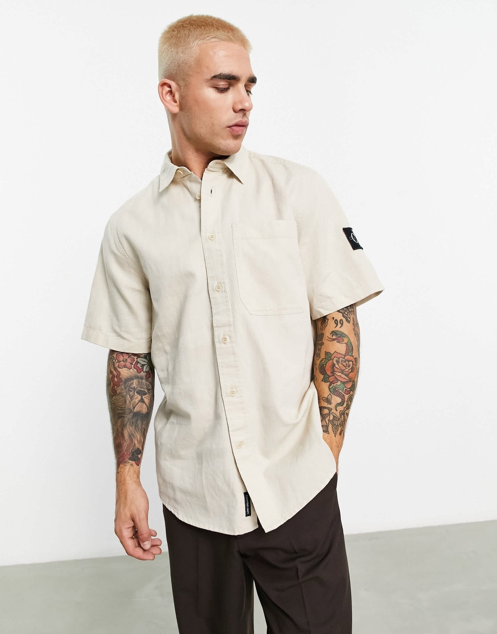 Calvin Klein Jeans linen short sleeve shirt in beige - ASOS Sample Sale EU Store