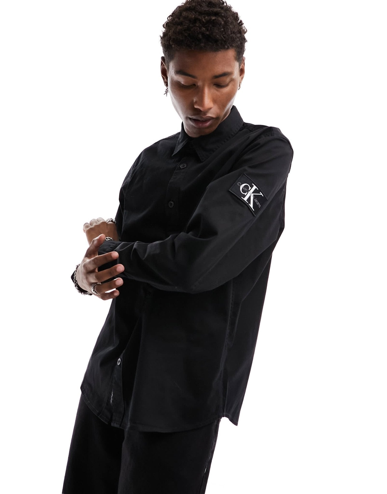 Calvin Klein Jeans monogram logo badge relaxed shirt in black - ASOS Sample Sale EU Store