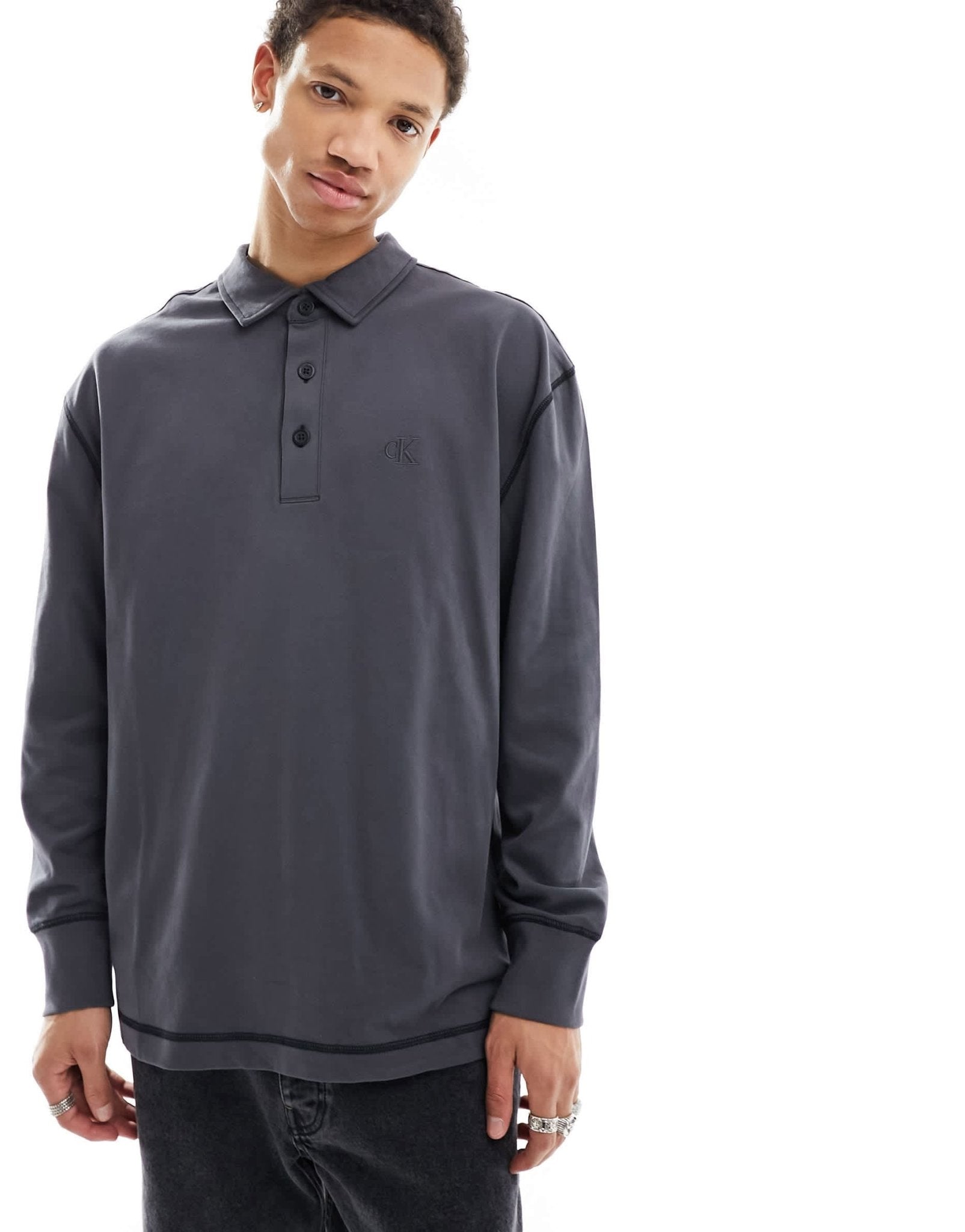 Calvin Klein Jeans monogram logo long sleeve rugby polo shirt in black - ASOS Sample Sale EU Store