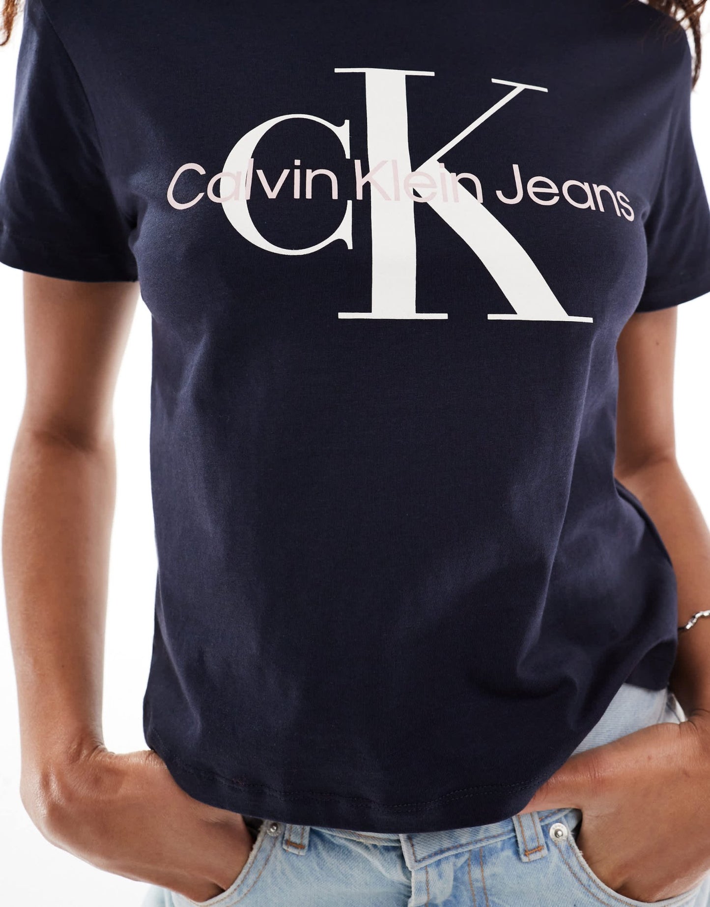 Calvin Klein Jeans monologo baby tee in dark navy - ASOS Sample Sale EU Store
