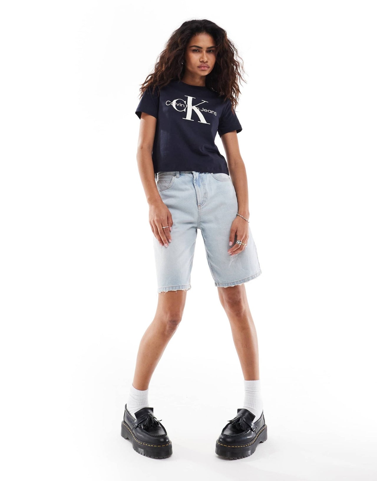 Calvin Klein Jeans monologo baby tee in dark navy - ASOS Sample Sale EU Store