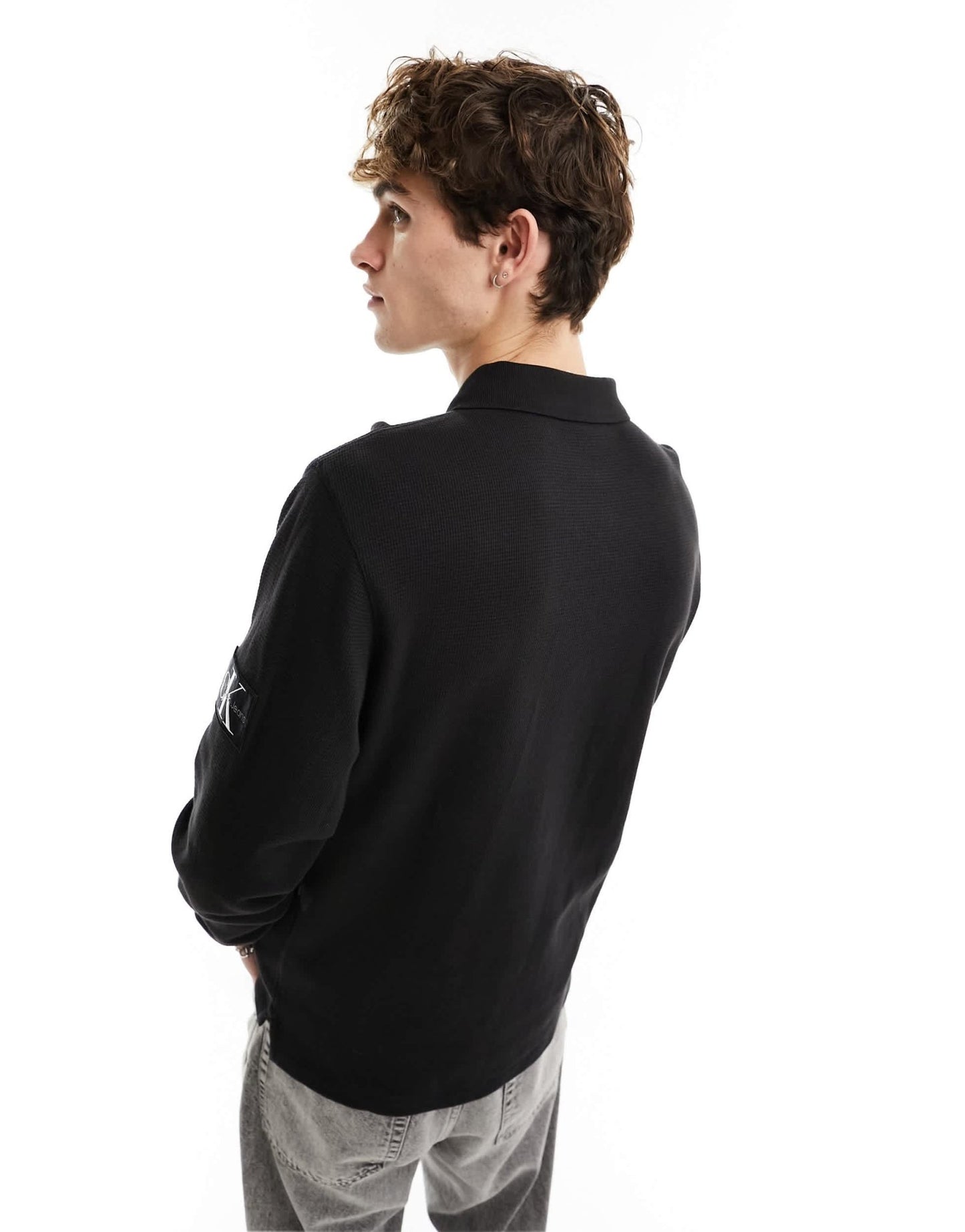 Calvin Klein Jeans waffle long sleeve badge logo polo shirt in black - ASOS Sample Sale EU Store
