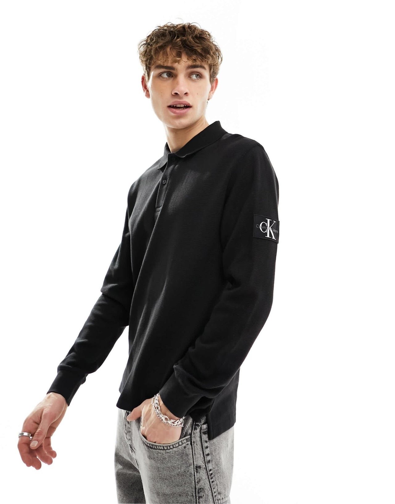 Calvin Klein Jeans waffle long sleeve badge logo polo shirt in black - ASOS Sample Sale EU Store