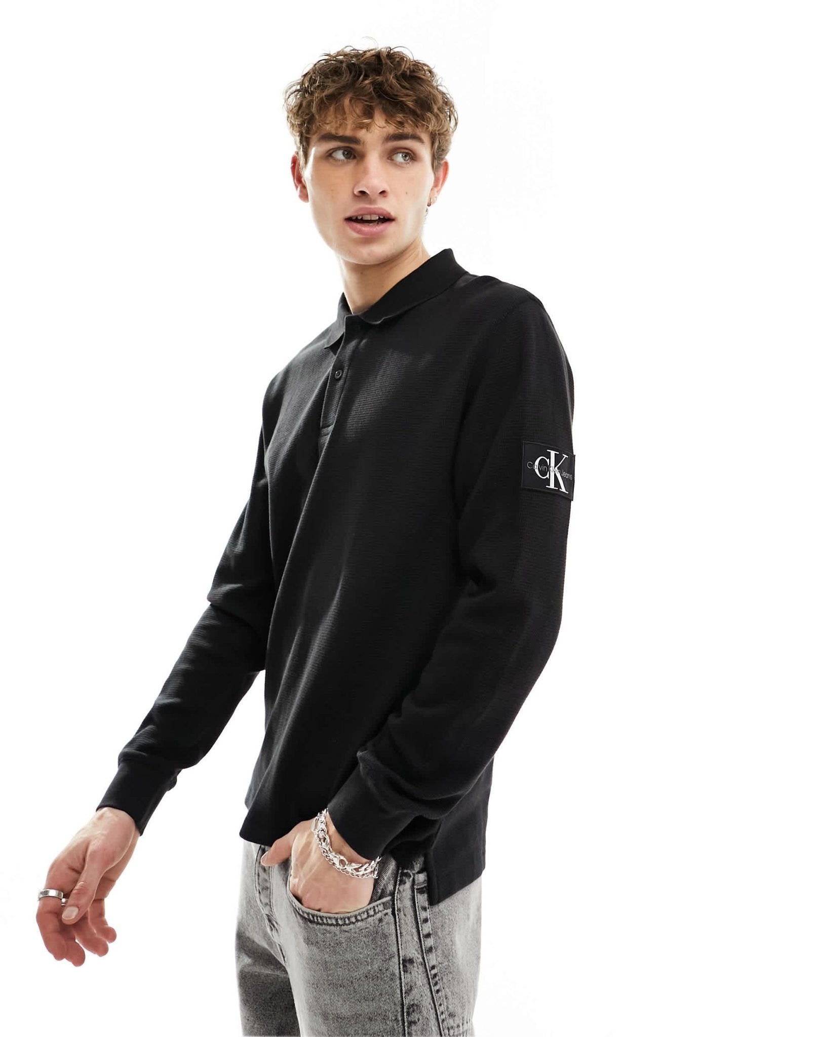Calvin Klein Jeans waffle long sleeve badge logo polo shirt in black - ASOS Sample Sale EU Store