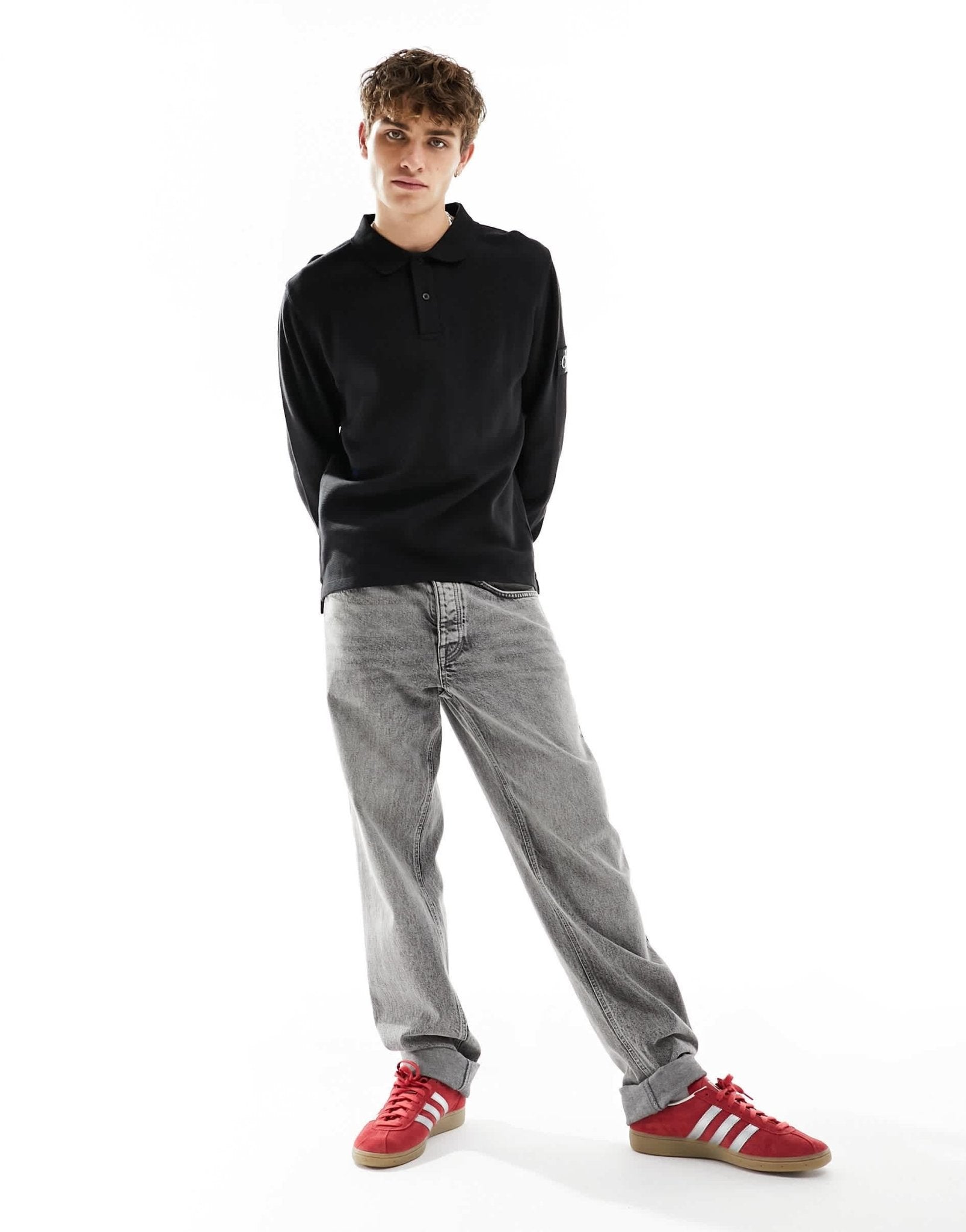 Calvin Klein Jeans waffle long sleeve badge logo polo shirt in black - ASOS Sample Sale EU Store