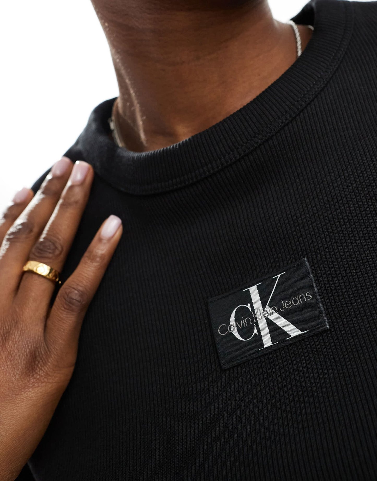 Calvin Klein Jeans woven label logo ribbed t-shirt in black - ASOS Sample Sale EU Store