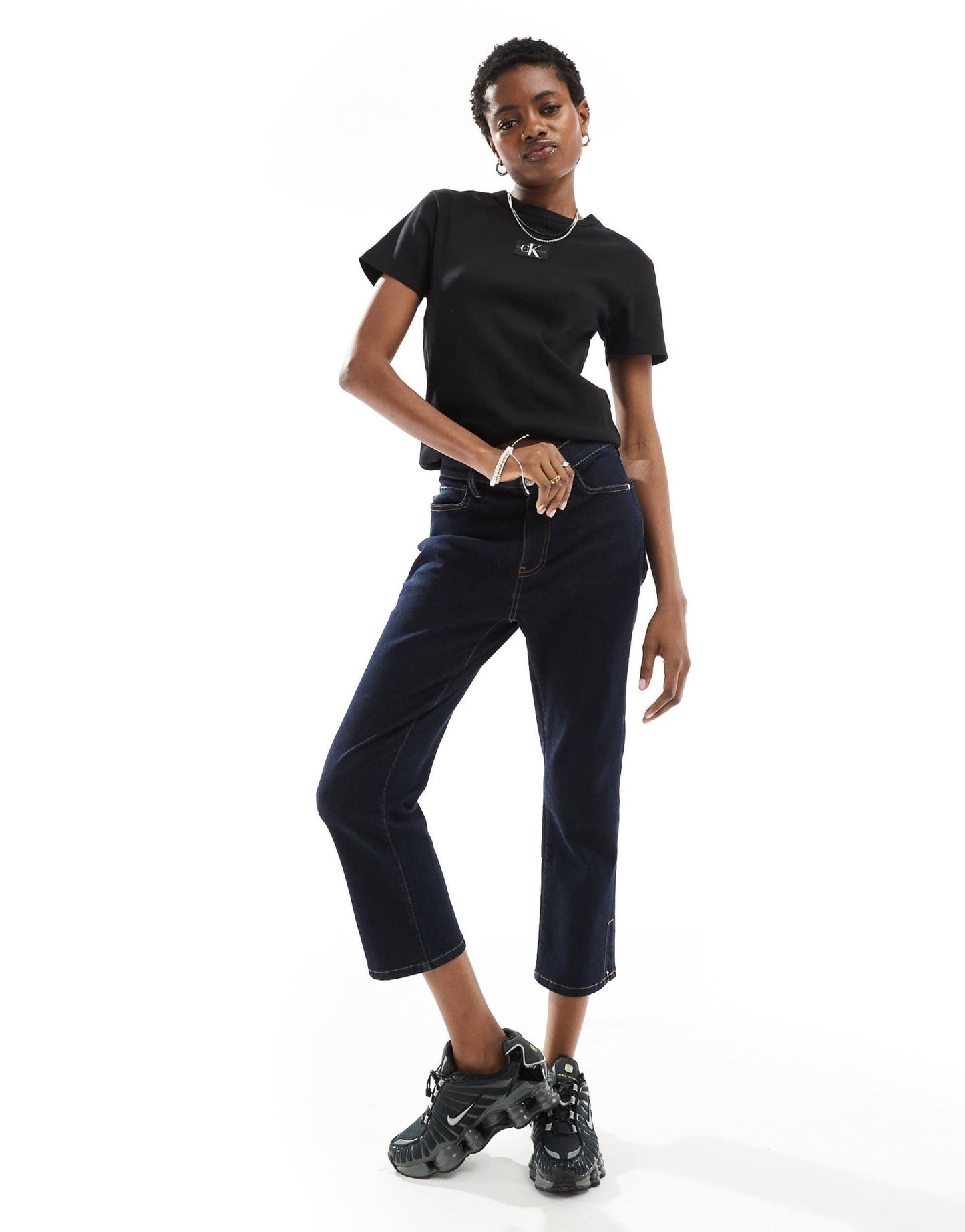 Calvin Klein Jeans woven label logo ribbed t-shirt in black - ASOS Sample Sale EU Store