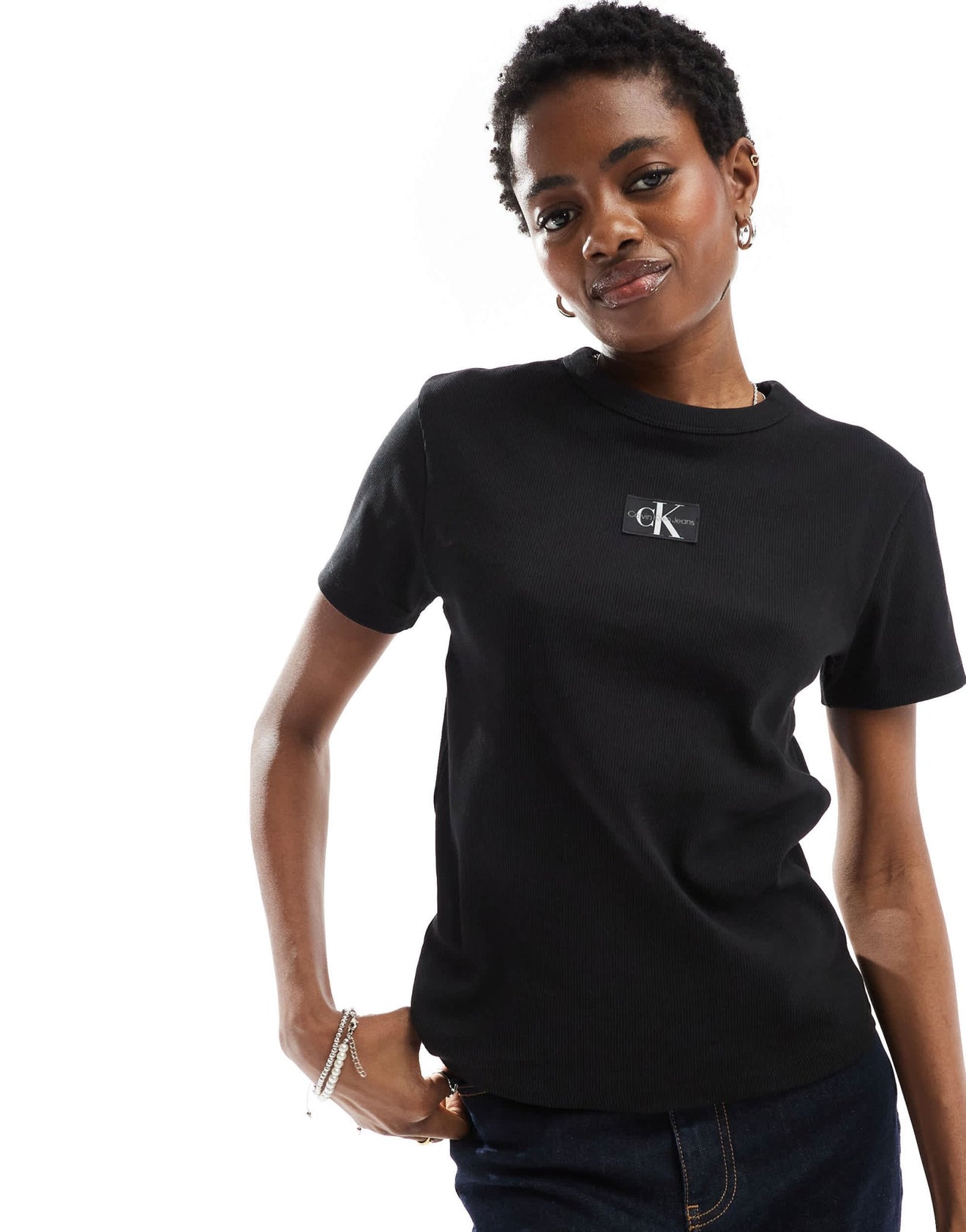 Calvin Klein Jeans woven label logo ribbed t-shirt in black - ASOS Sample Sale EU Store