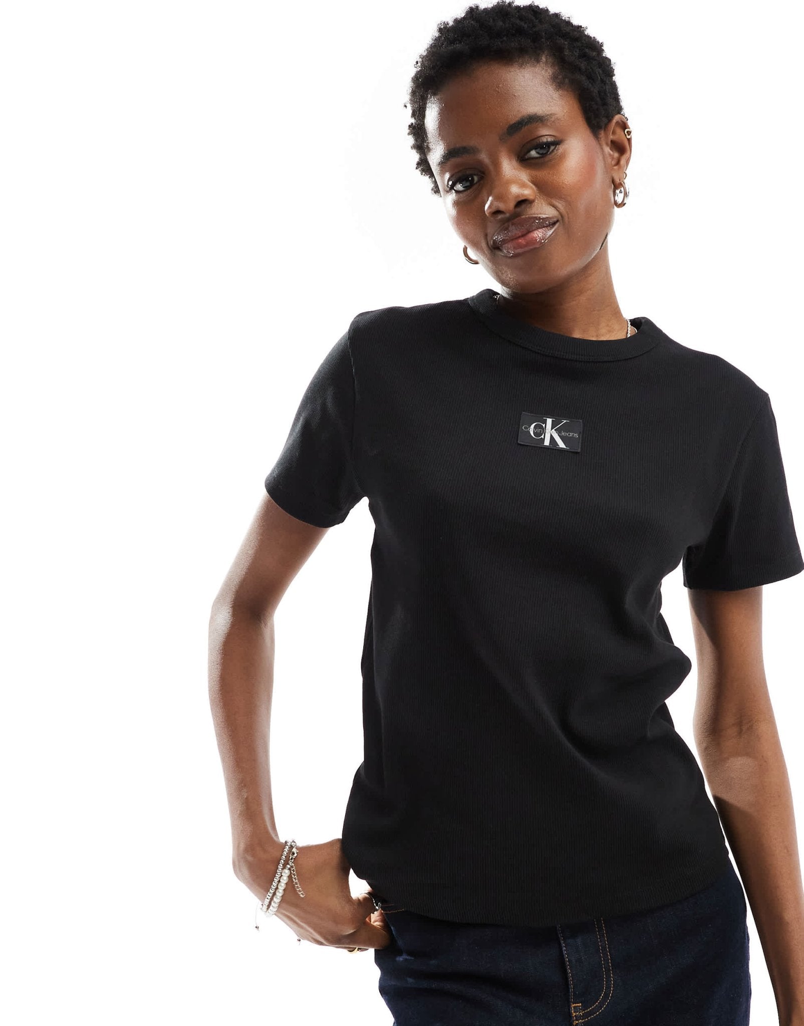Calvin Klein Jeans woven label logo ribbed t-shirt in black - ASOS Sample Sale EU Store