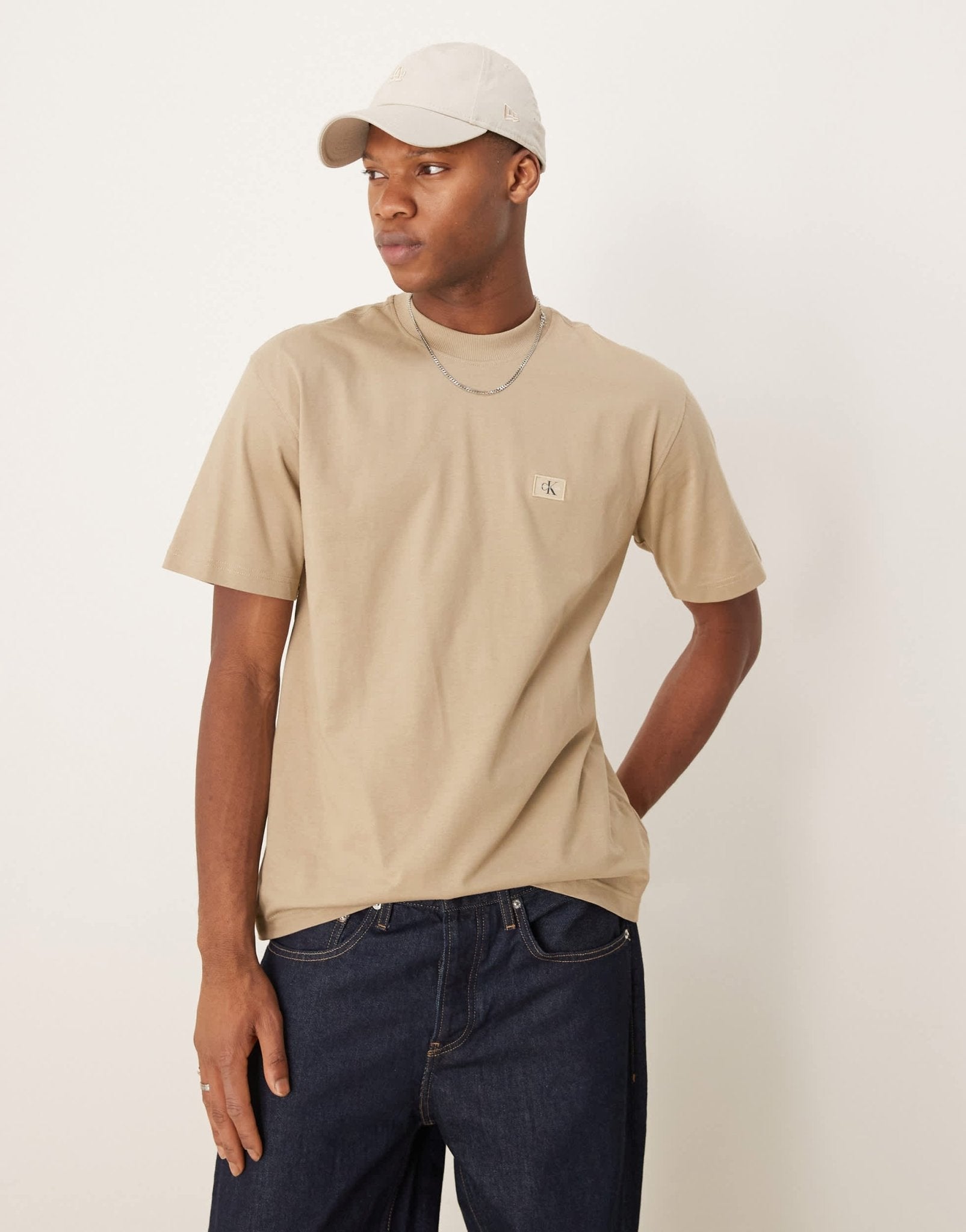 Calvin Klein Jeans woven patch logo t-shirt in stone - ASOS Sample Sale EU Store