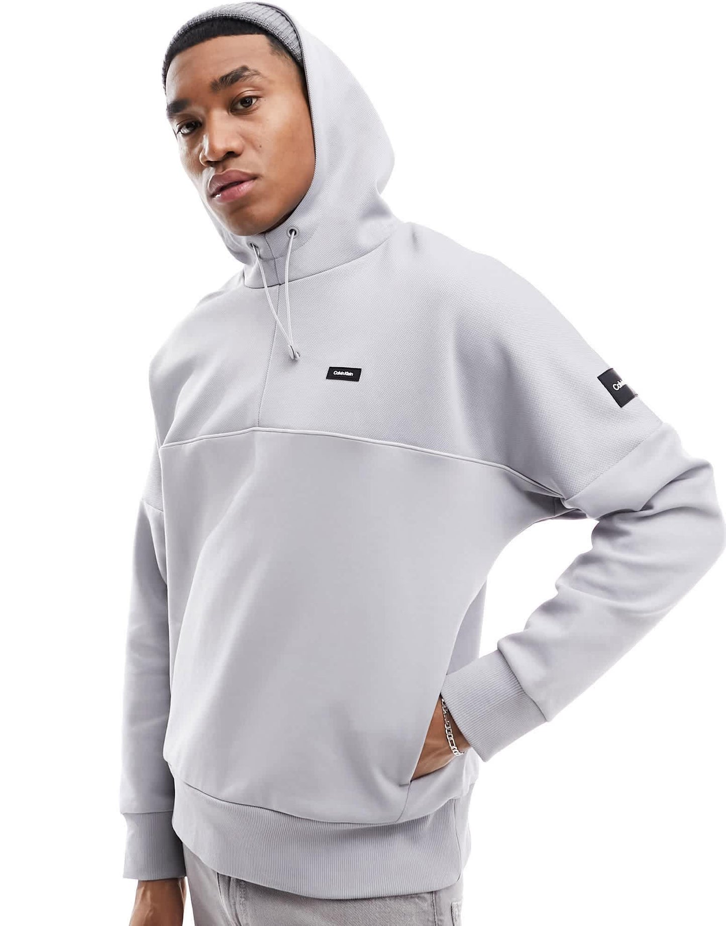 Calvin Klein mix media pique interlock hoodie in grey - ASOS Sample Sale EU Store