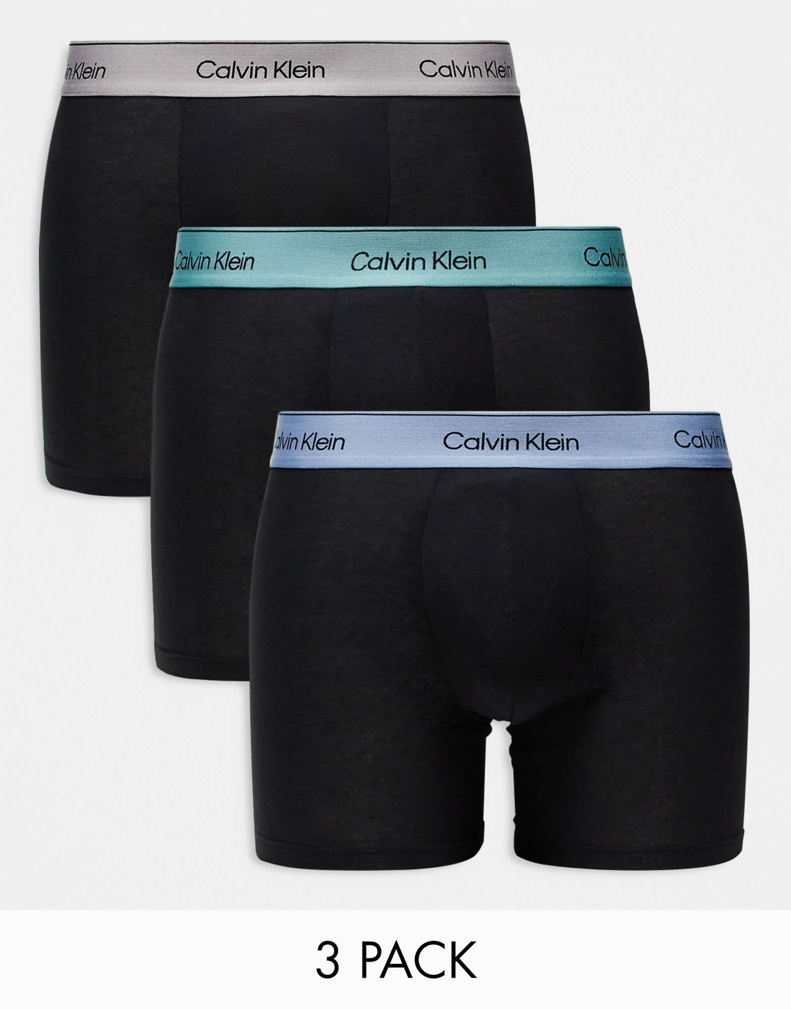 Calvin Klein modern cotton boxer briefs 3 pack in black with beige/blue/green waistband - ASOS Sample Sale EU Store