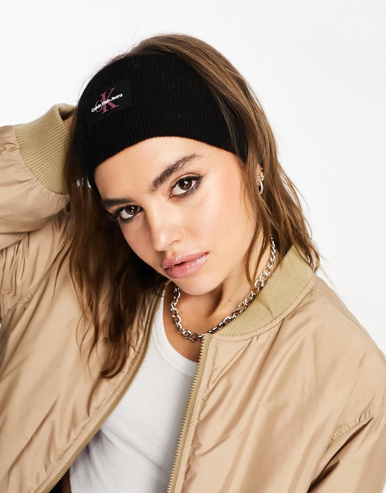 Calvin Klein monogram logo rubberized knit headband in black - ASOS Sample Sale EU Store