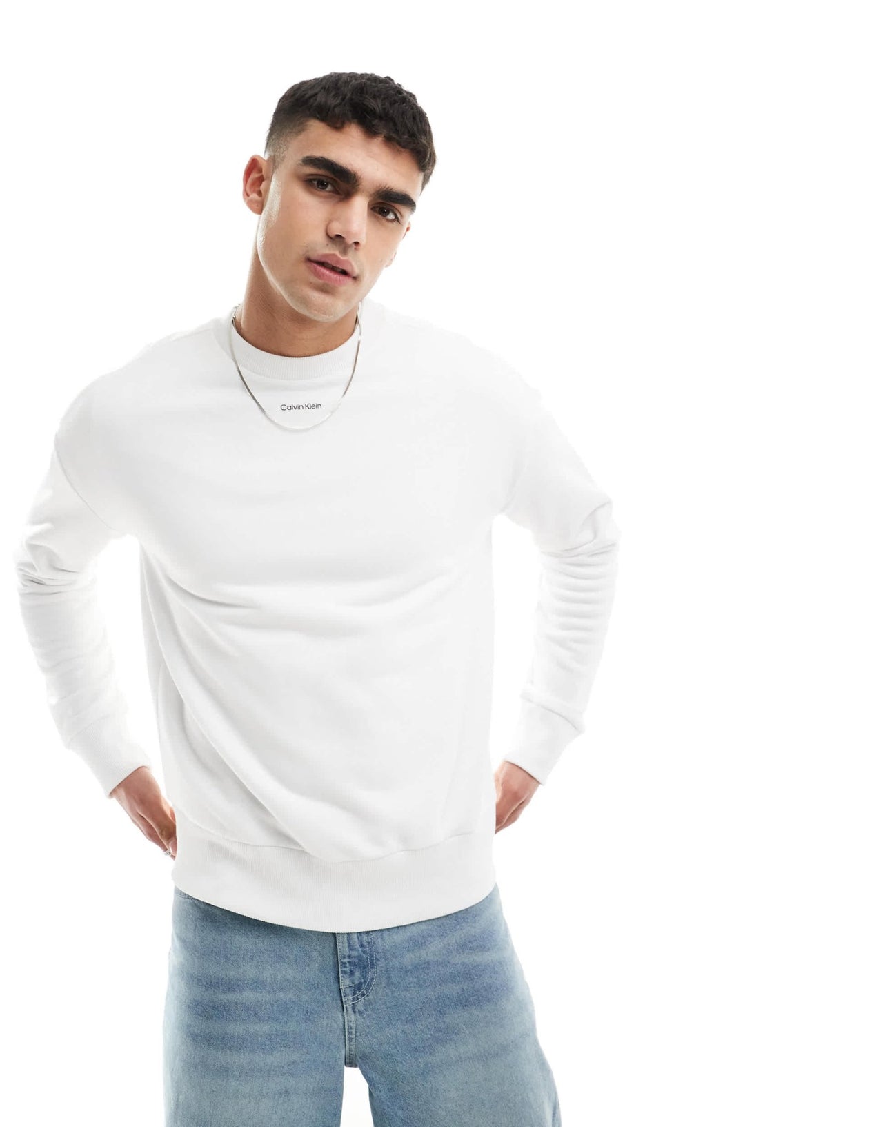 Calvin Klein nano logo cotton modal crew neck sweatshirt in white - ASOS Sample Sale EU Store