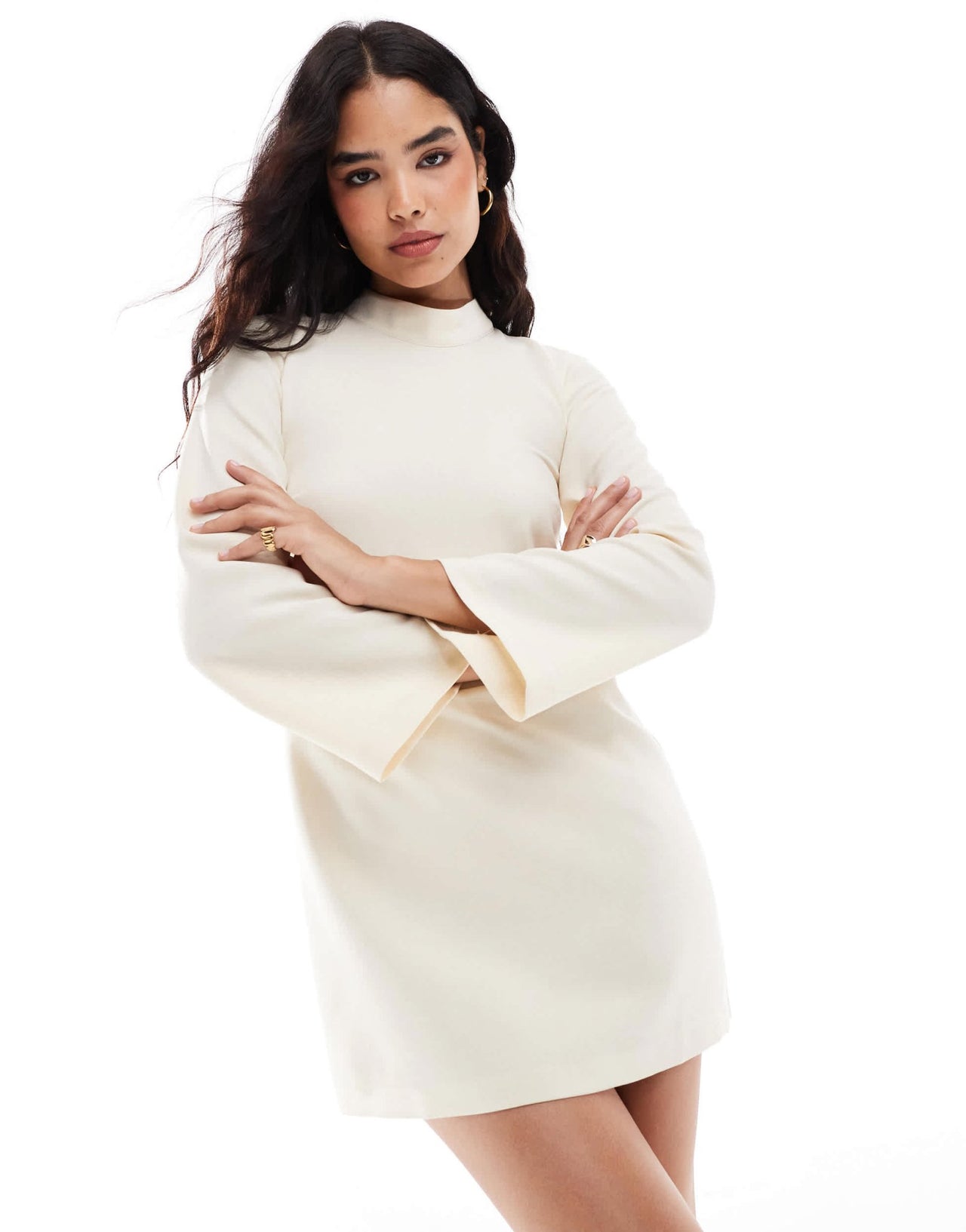 Closet London long sleeve high neck mini dress in cream - ASOS Sample Sale EU Store