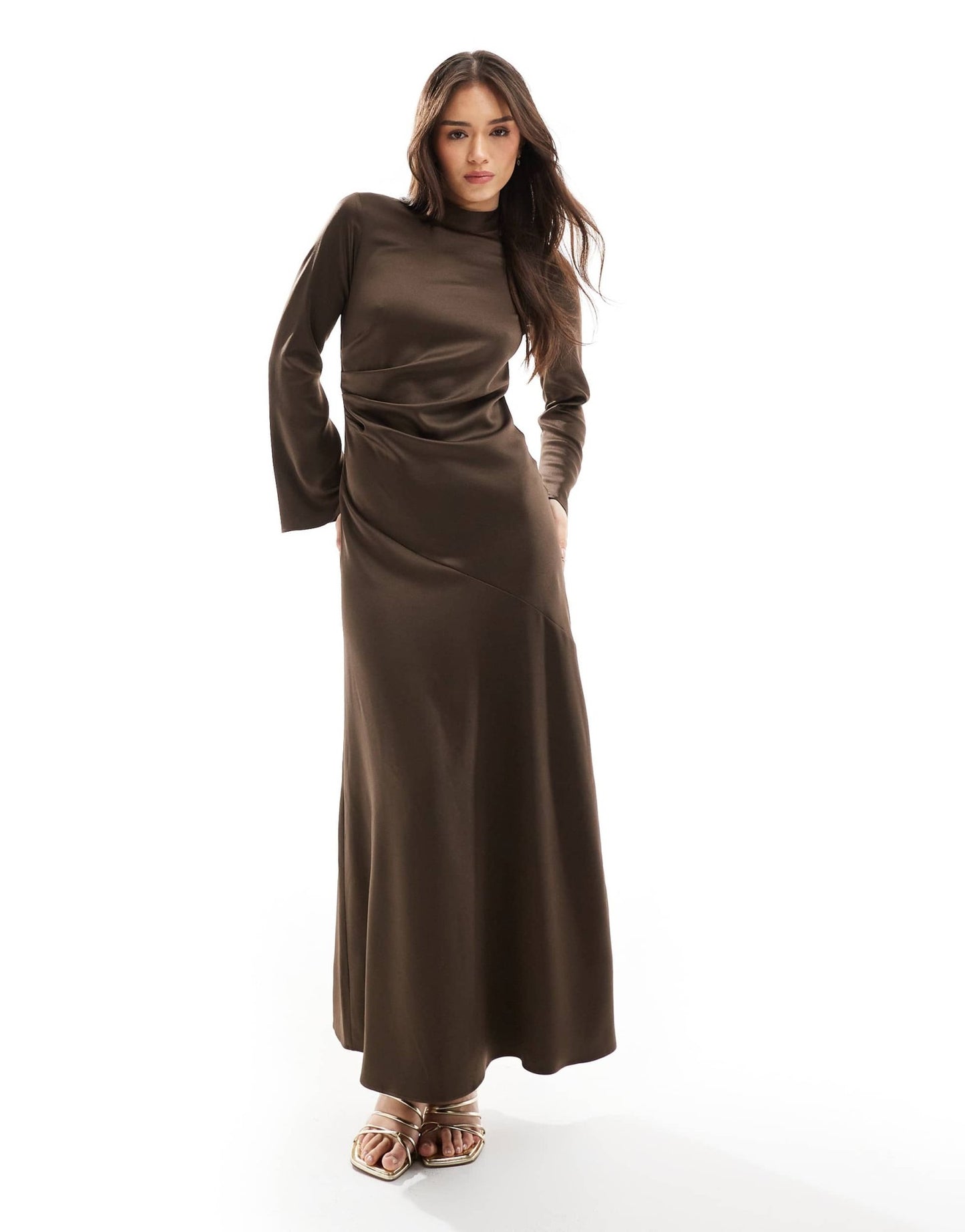 Closet London long sleeve satin drape maxi dress in chocolate - ASOS Sample Sale EU Store