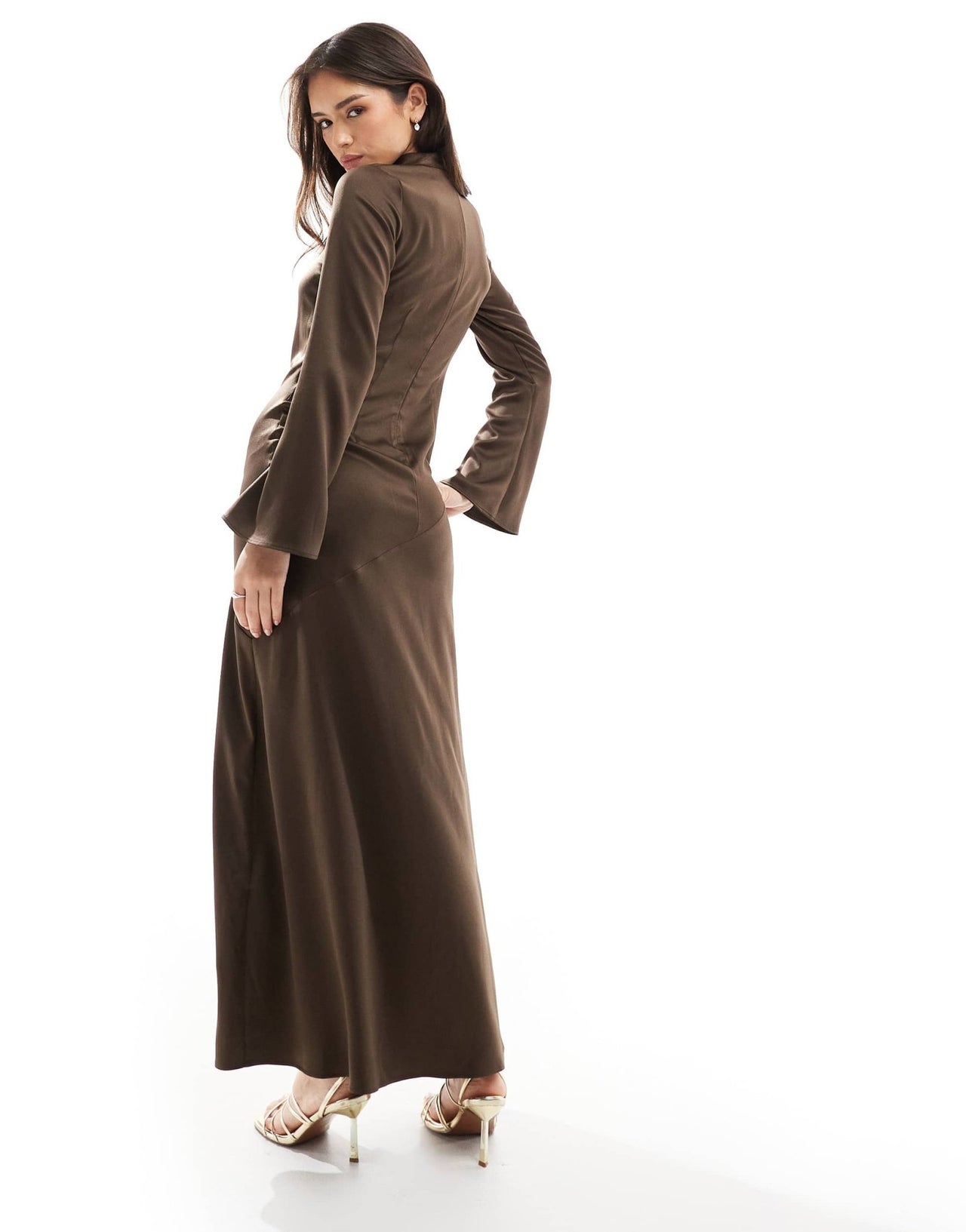 Closet London long sleeve satin drape maxi dress in chocolate - ASOS Sample Sale EU Store
