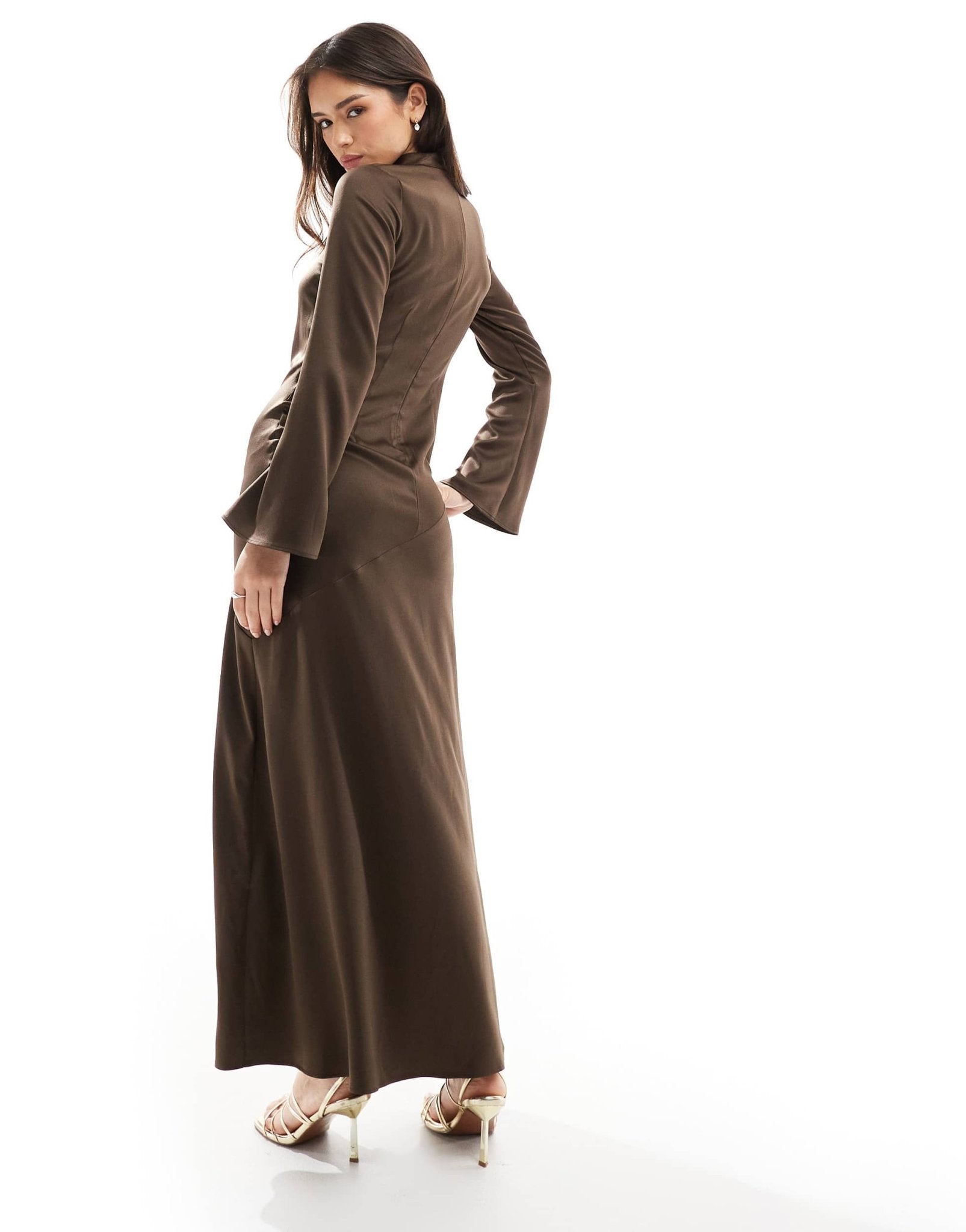 Closet London long sleeve satin drape maxi dress in chocolate - ASOS Sample Sale EU Store